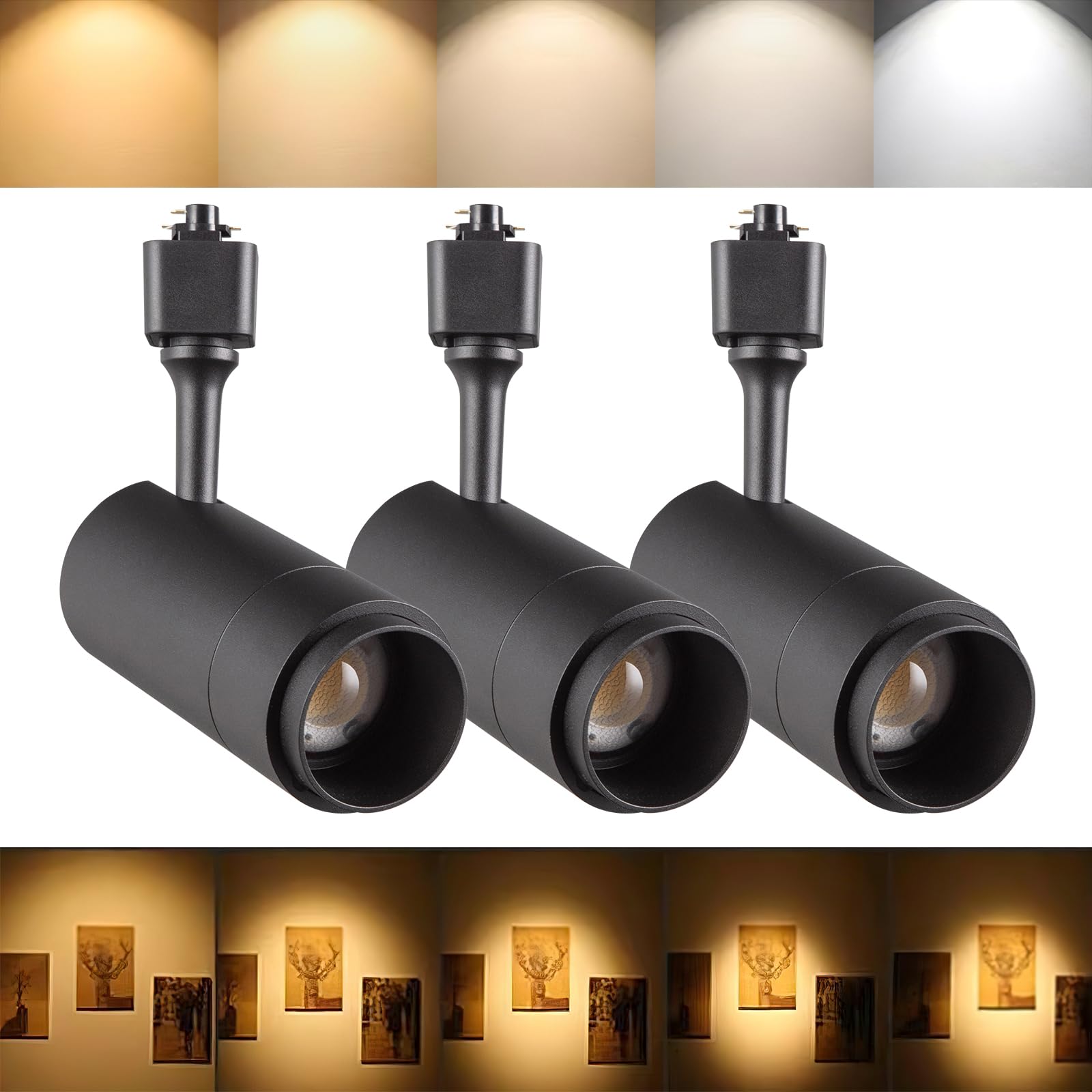 Led Track Lighting Heads Dimmable 24W 5Cct 2700K/3000K/3500K/4000K/5000K,Single Circu H Track Lighting Heads,Zoomable Beam 15° To 60° Ideal For Accent Art And Task Lighting,(3 Pack - Black-5Cct)