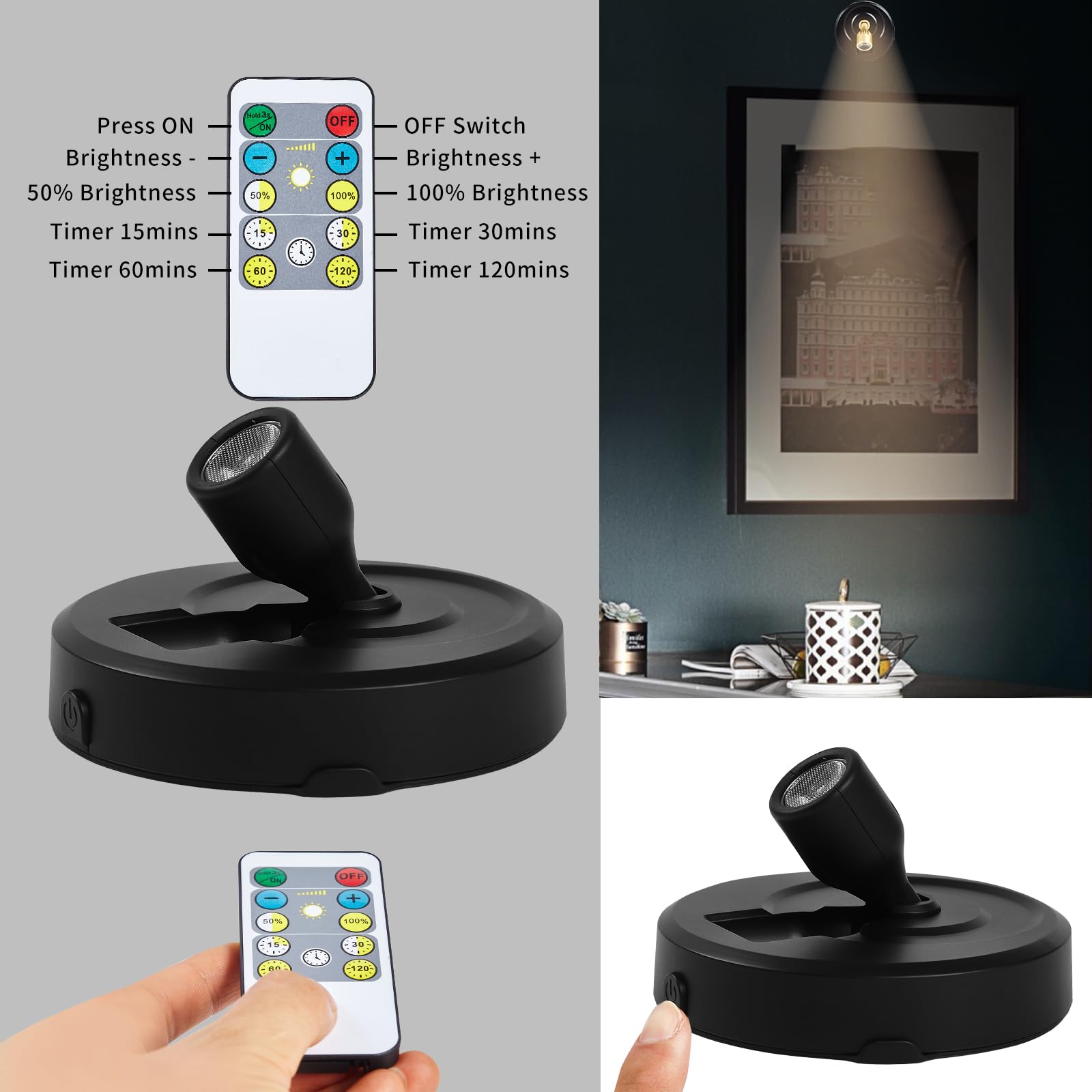 Hofuy 4-Pack Wireless Led Spotlight Battery Operated Picture Lights, Puck Lights With 2 Remote, Dimmable Stick Spotlights With T