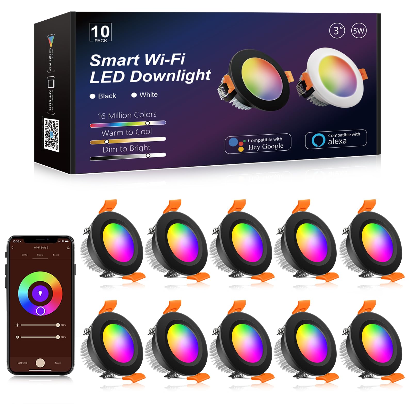 YGS-Tech Smart 3 Inch LED Recessed Lighting RGB WiFi Downlight  5W Compatible with Alexa and Google Home  Dimmable RGB & CCT 2700-6500K Color Changing  120V Ceiling Light with LED Driver (10 Pack)