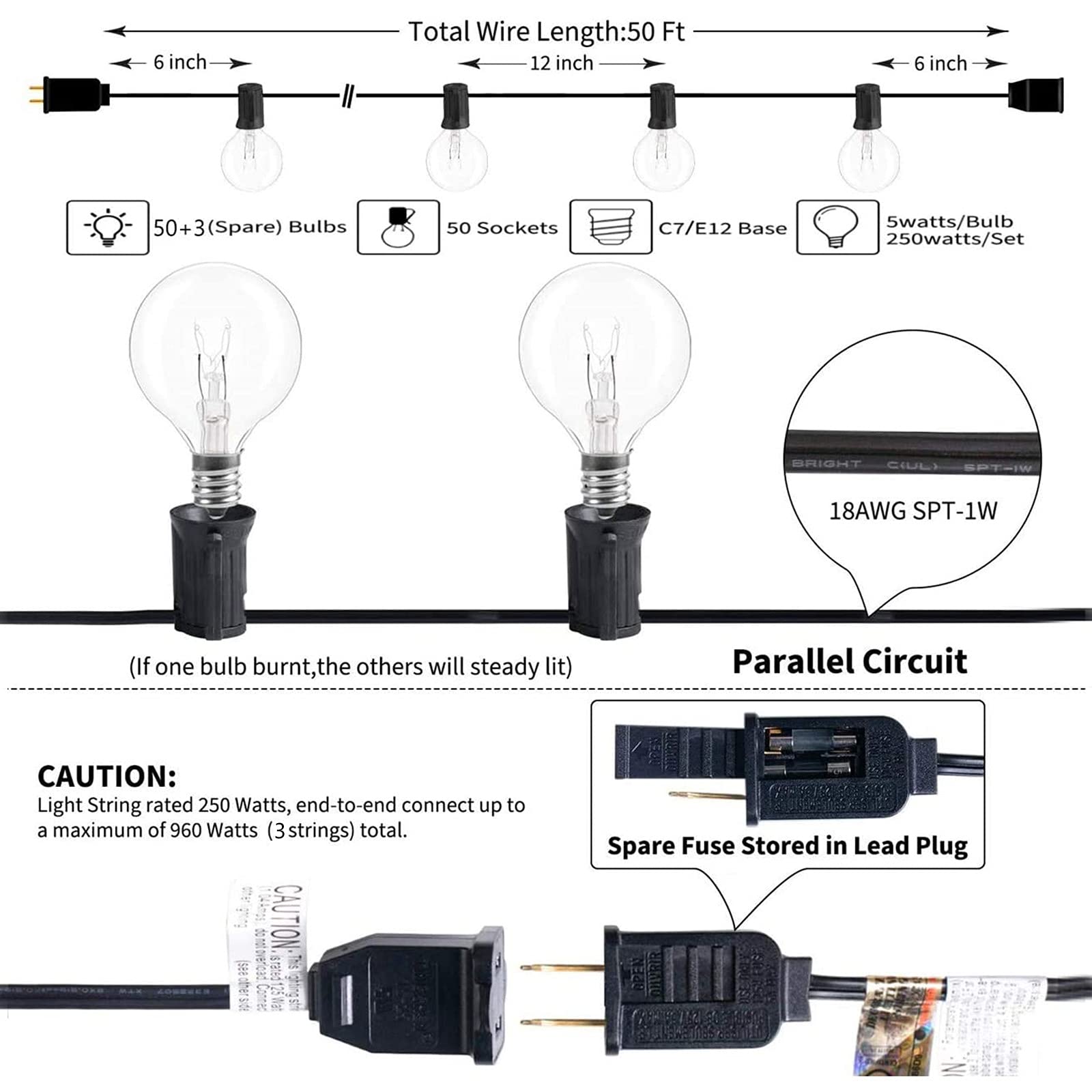 SUNSGNE Outdoor Globe String Lights, 50ft, 53 Bulbs, Black, Connectable, Commercial Hanging Lights for Patio, Christmas, Wedding Decor