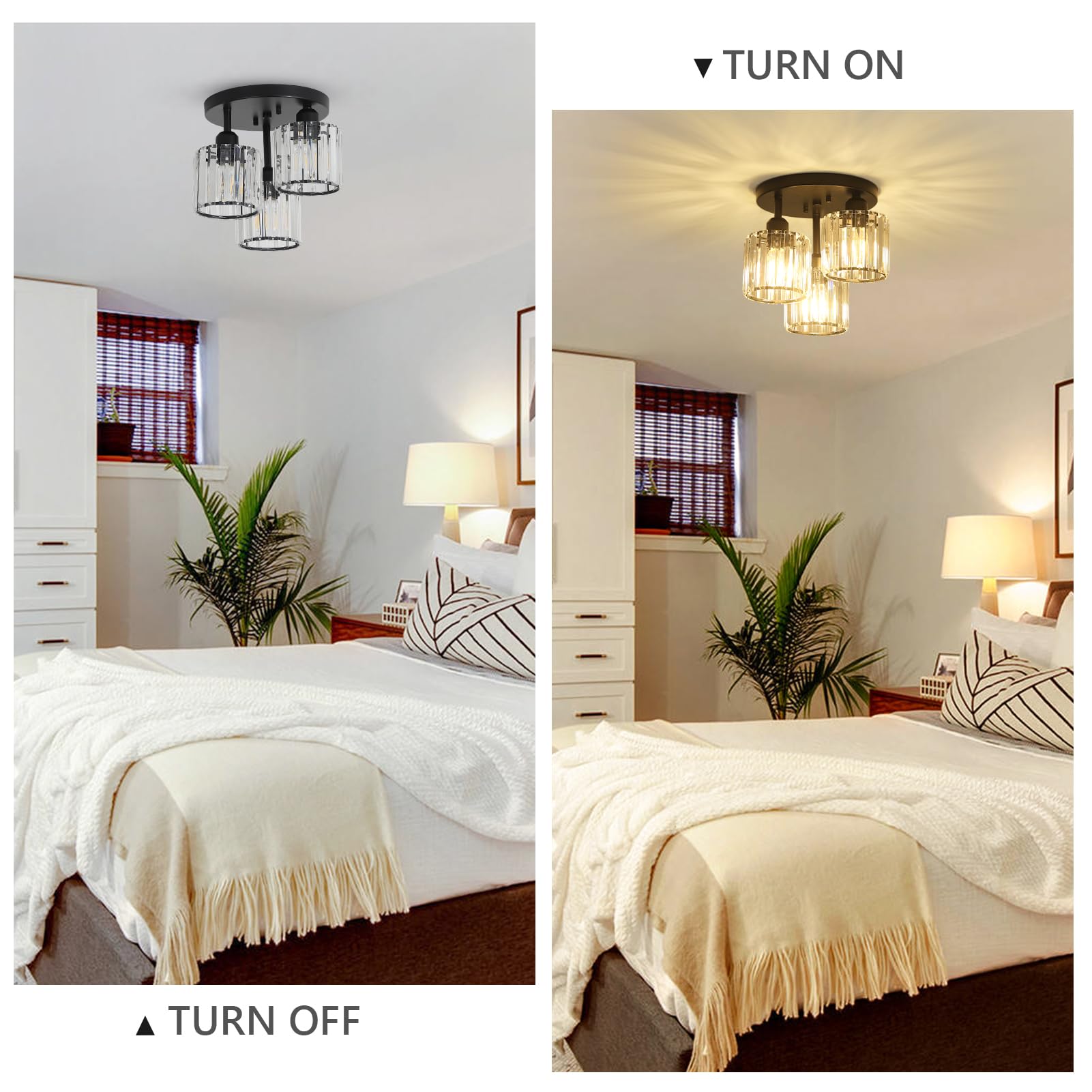 Pauful Crystal Semi Flush Mount Ceiling Light,3-Light Modern Close To Ceiling Light Fixtures,Black Kitchen Light Fixtures With C