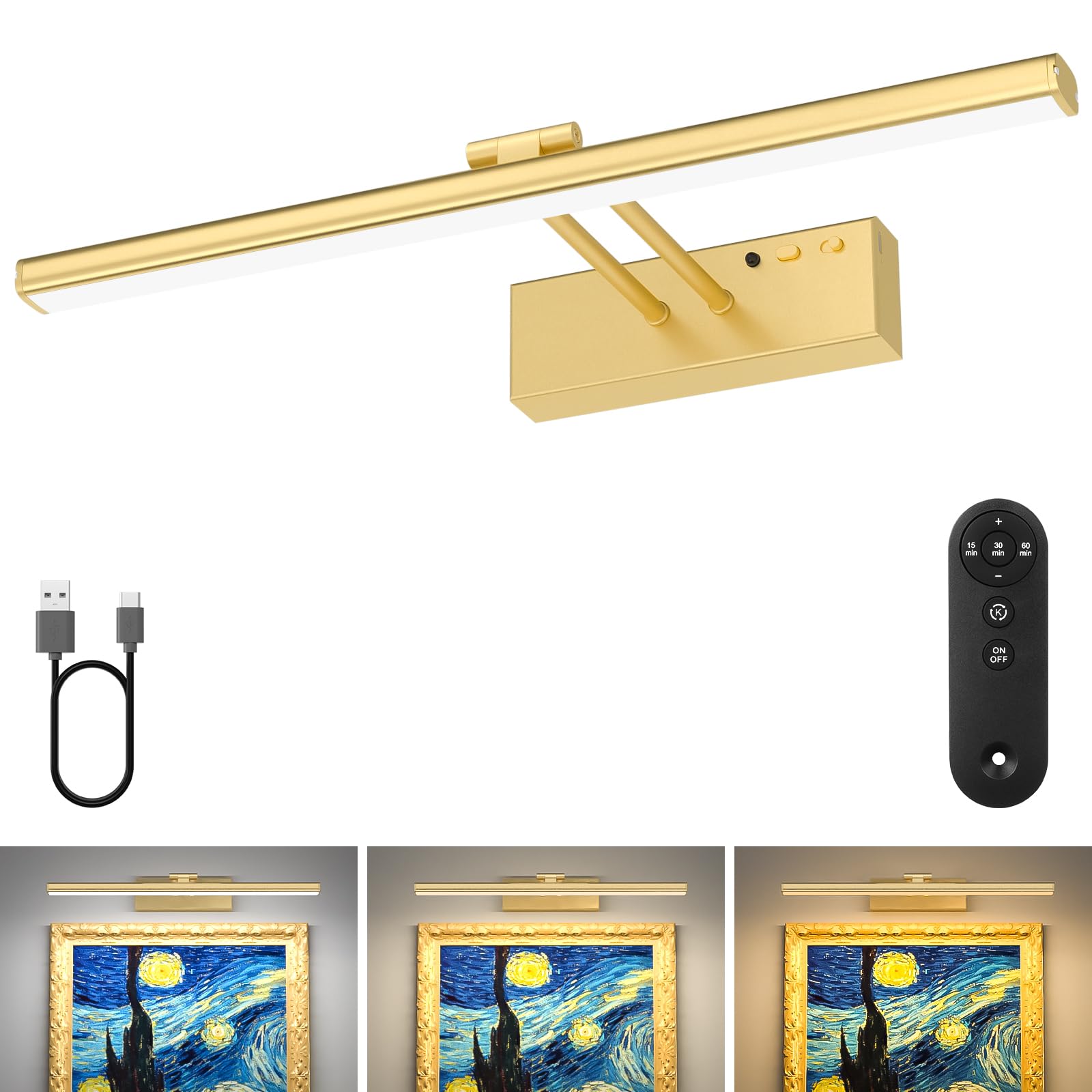 15.35inch Picture Light with Remote, Wireless Rechargeable Battery Wall Light for Paintings, 3 Colors Paintings Light Dimmable a