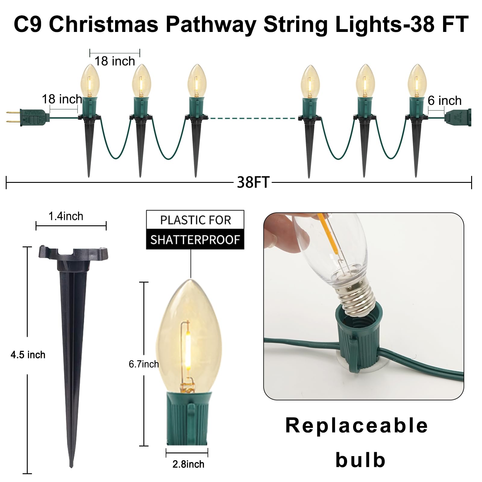 C9 Christmas Pathway Lights, 38Ft C9 Christmas Pathway String Lights With 25 Clear Led Light Bulbs And Stakes For Outdoor Walkwa