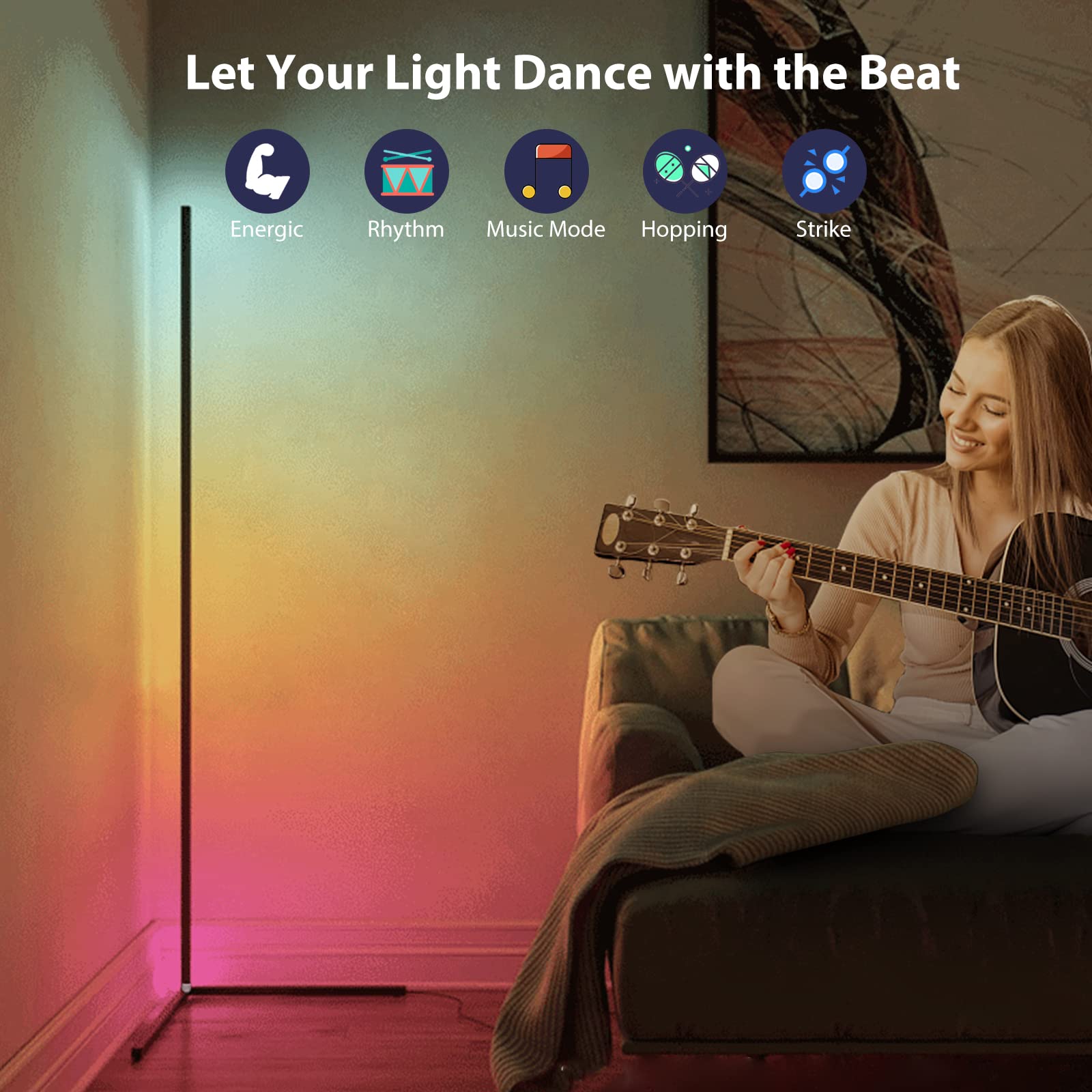 WISIMMALL RGB Corner Floor Lamp, Bluetooth Control, Music Sync, 64.5in Plastic, 398 Dimmable Modes, Color Changing
