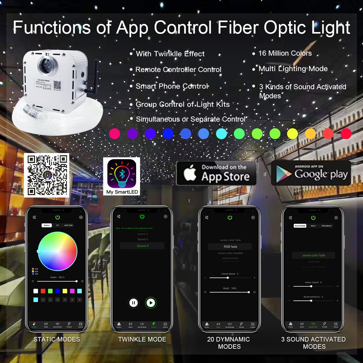 Akepo 32W App Twinkle Fiber Optic Lights Kit Music Activated Rgbw Star Ceiling Sky Light, 1000Pcs 16.4Ft/5M 0.03In/0.75Mm Optica
