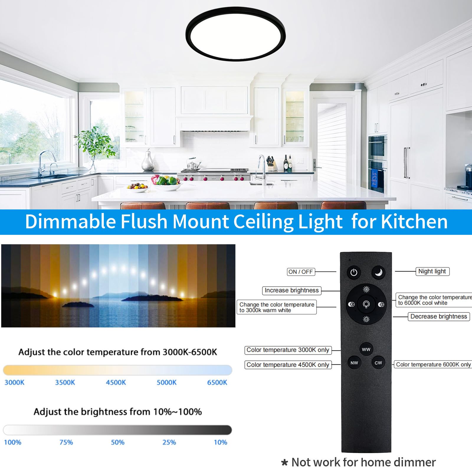 HOVENLA 18" LED Flush Mount Ceiling Light - 46W Dimmable, 4600lm, Adjustable 3000-6000K, Black, Model LT1451-T