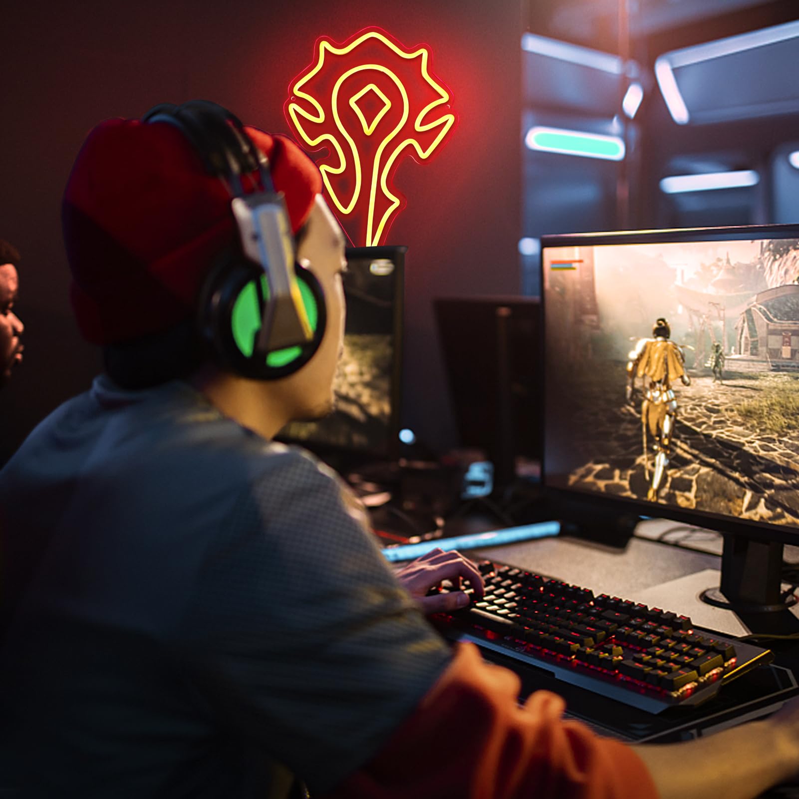 Pinlangdou Red-Horde Neon Sign World of War Craft Themed Neon Lights Light Up Your Game Fantasy World for Wall Decor Kids Room B