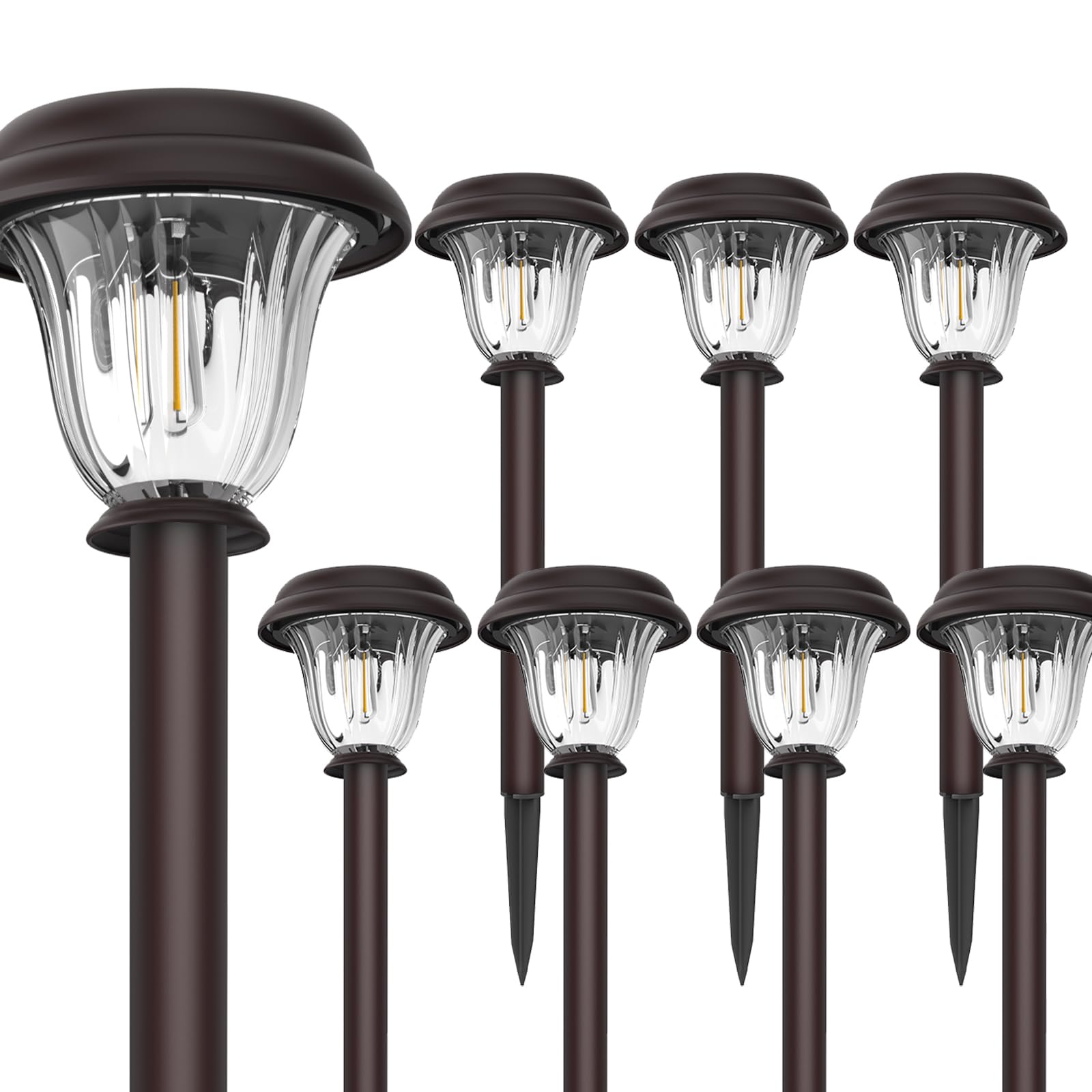 DERAYSION 8 Pack Solar Pathway Lights, Stainless Steel, Waterproof, Warm White, Model A115Z, Brownish-Black