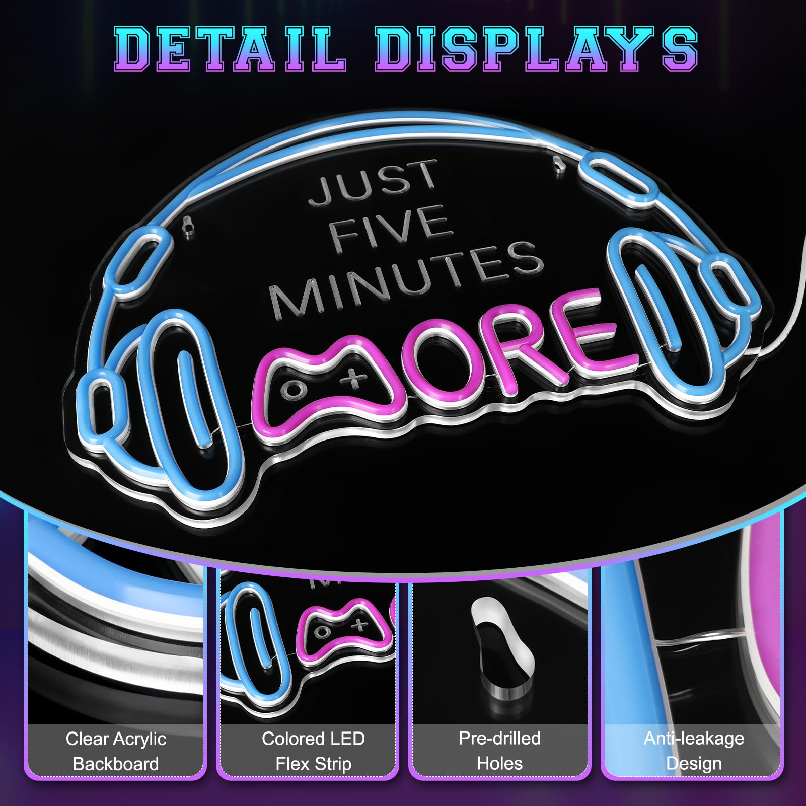 ReyeeInc Gaming Neon Sign, Dimmable LED Headset Light, Acrylic, Blue and Pink, Perfect for Game Room Decor