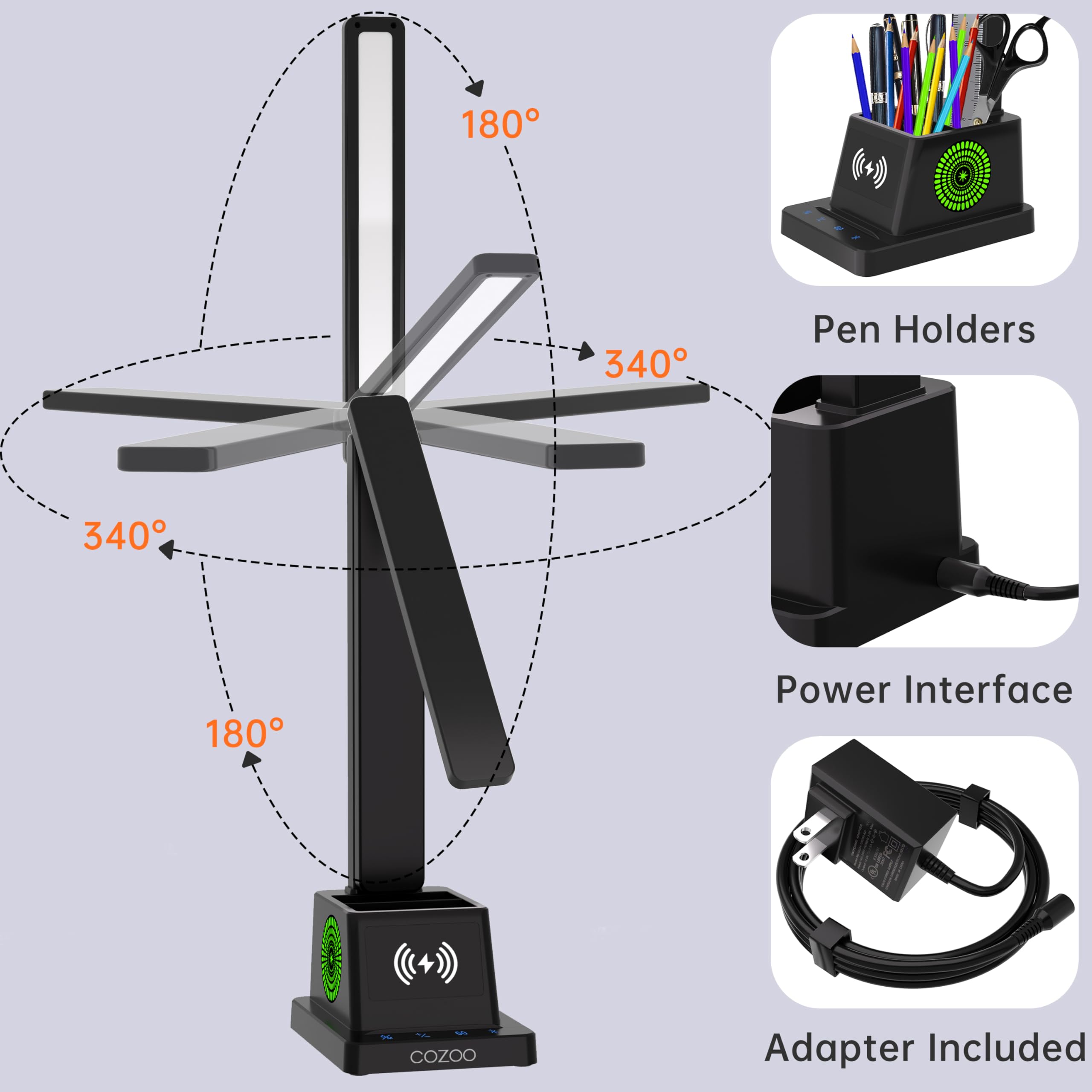 Cozoo Led Desk Lamp With Wireless Charger, Pen Holder, Color Changing Nightlight, 12 Modes, Black