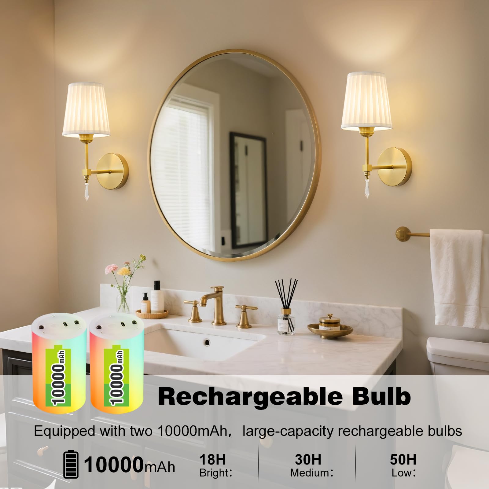 eypid Battery Operated Wall Sconce Set of 2, 10000mAh, Dimmable, RGB, Gold, Fabric, Model JB0030