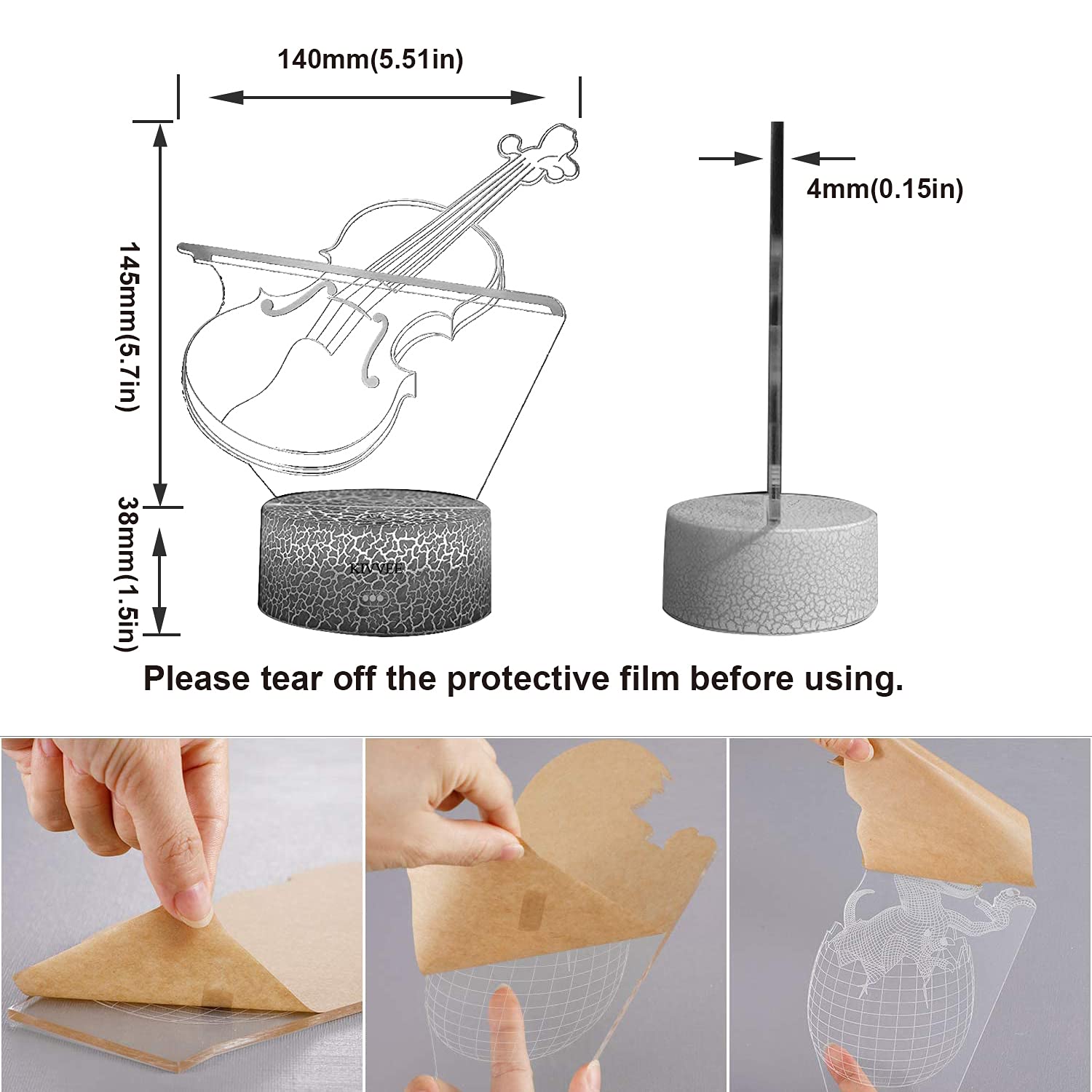LLUUKK Violin Fiddle 3D Night Light Desk Lamp - 7 Color Touch, USB, Acrylic, White, Model luk020