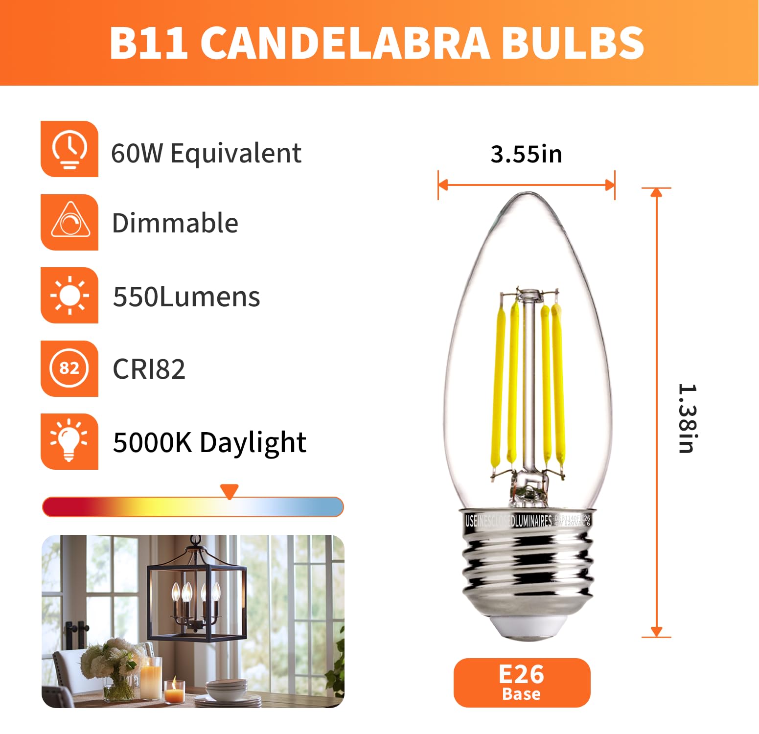 Alampever 60W Dimmable B11 Led Candelabra Light Bulbs, 5000K Daylight,