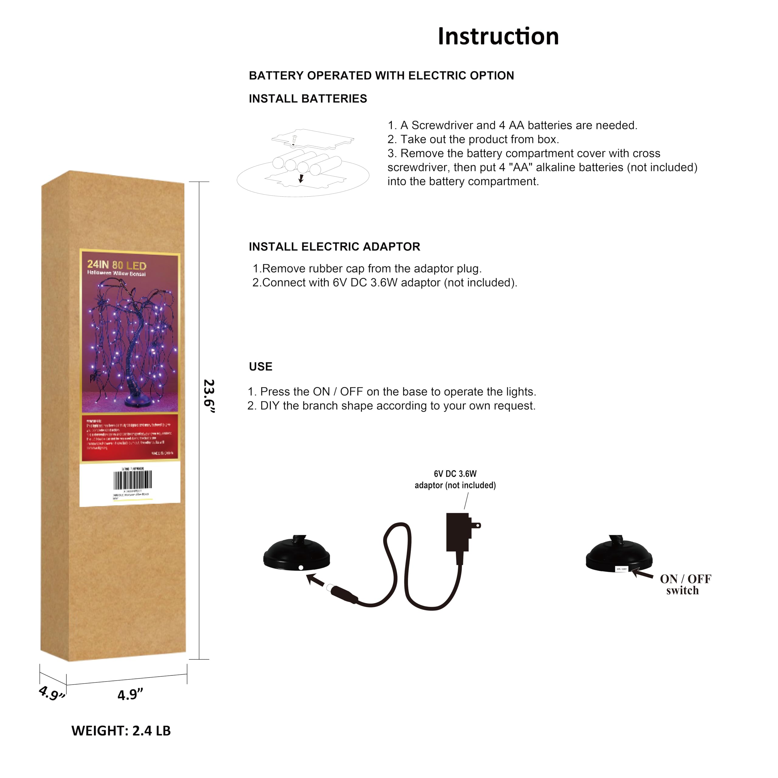 LIGHTSHARE 24-inch Halloween Willow Tree Night Light, 80 LED, Battery Powered or DC Adapter, Purple, Model GJTSD-PU