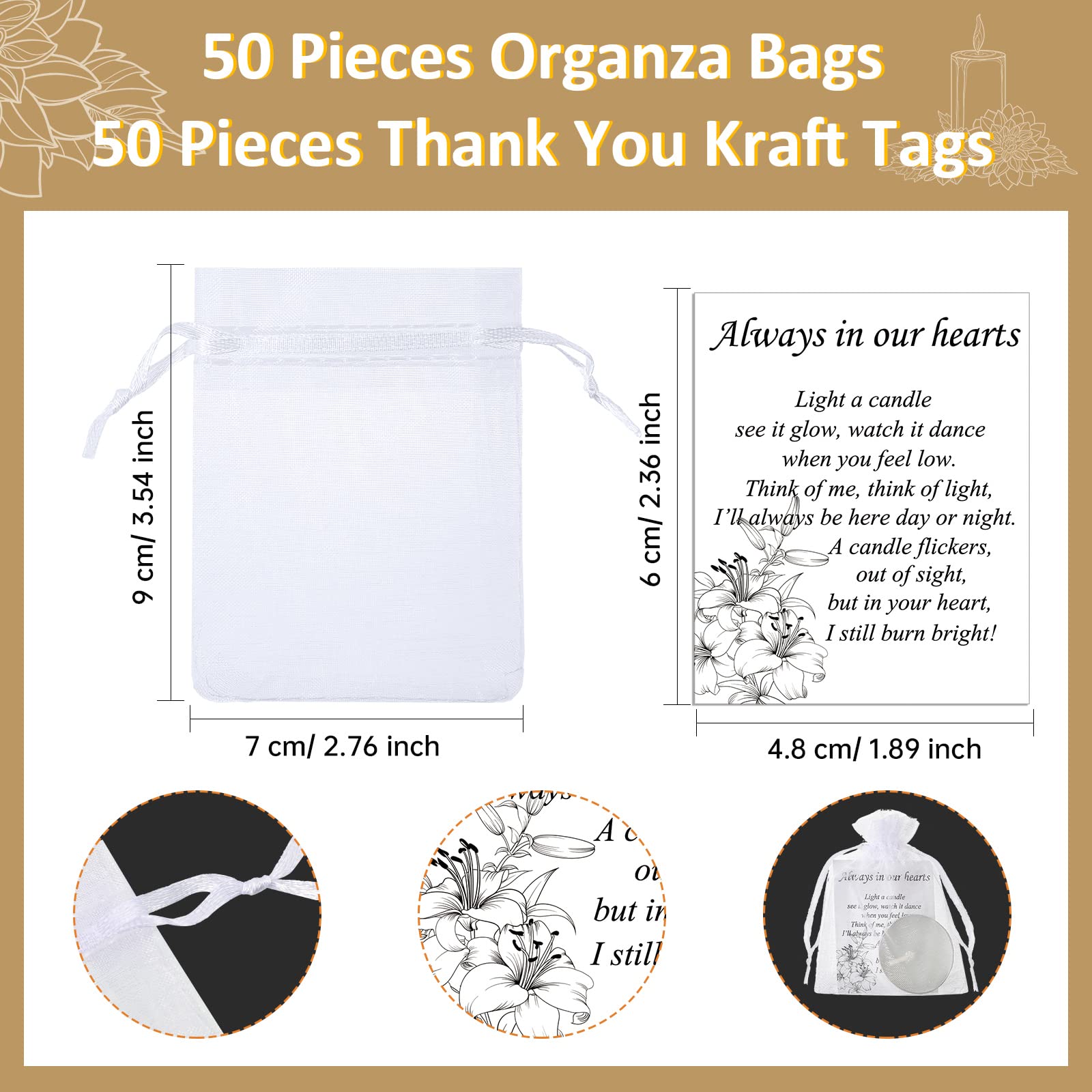 Coume 50 Set Funeral Favors Memorial Tealight Candles Unscented White Candles Funeral Gift Candles With Condolence Bereavement Cards And Organza Bags For Guest Furneral Party (Minimalist)