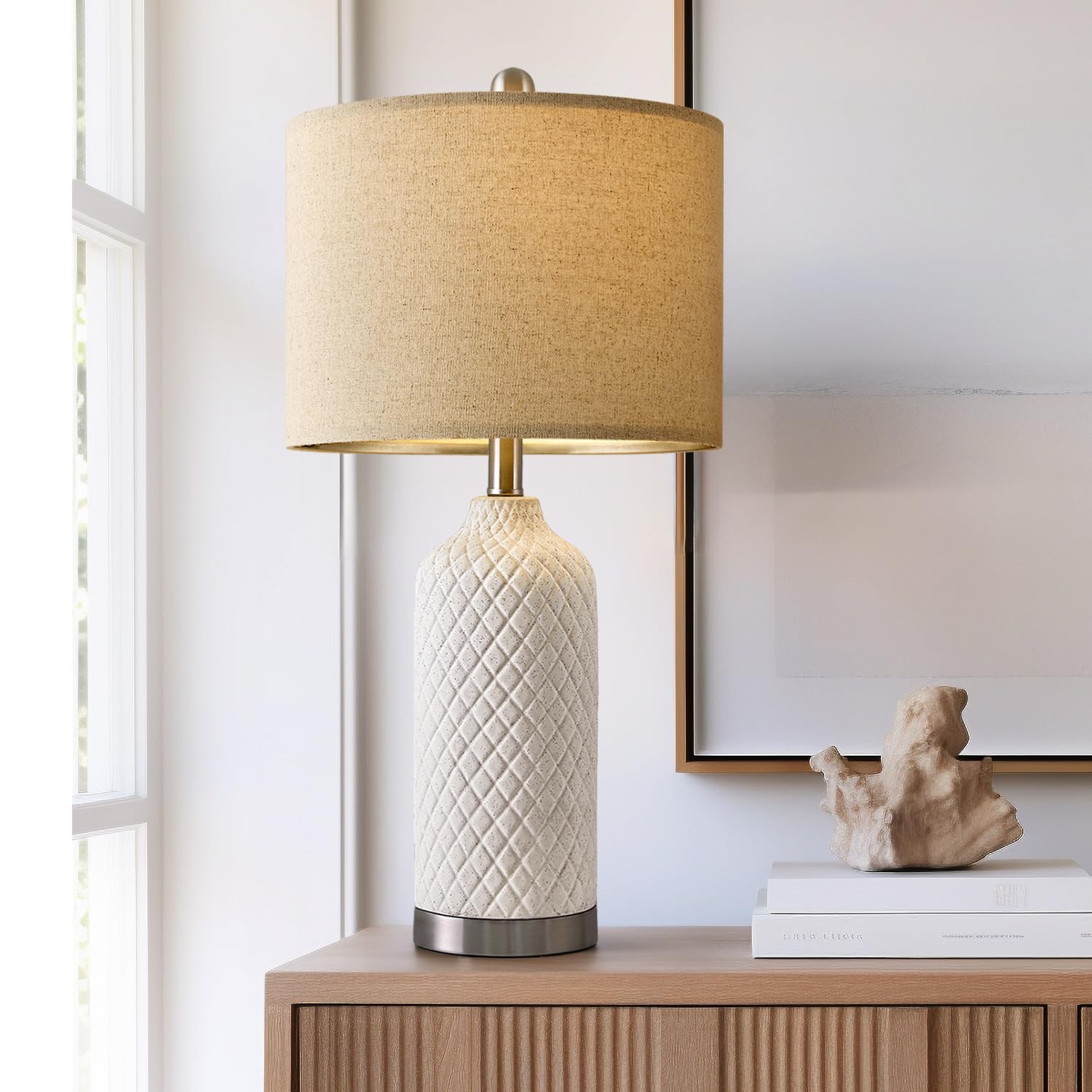 G-Safava 24.25'' Single Table Lamp For Bedroom Modern Ceramic Nightstand Lamp White Bedside Lamp Boho Living Room Lamp Farmhouse