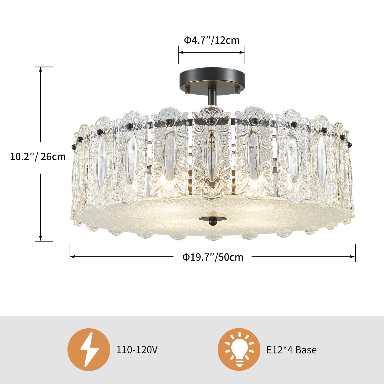 AGV LIGHTING CL056 Crystal Ceiling Light Fixture, Modern Chandelier, 20" Flushmount, Black Finish, E12 Base, 4-Lights