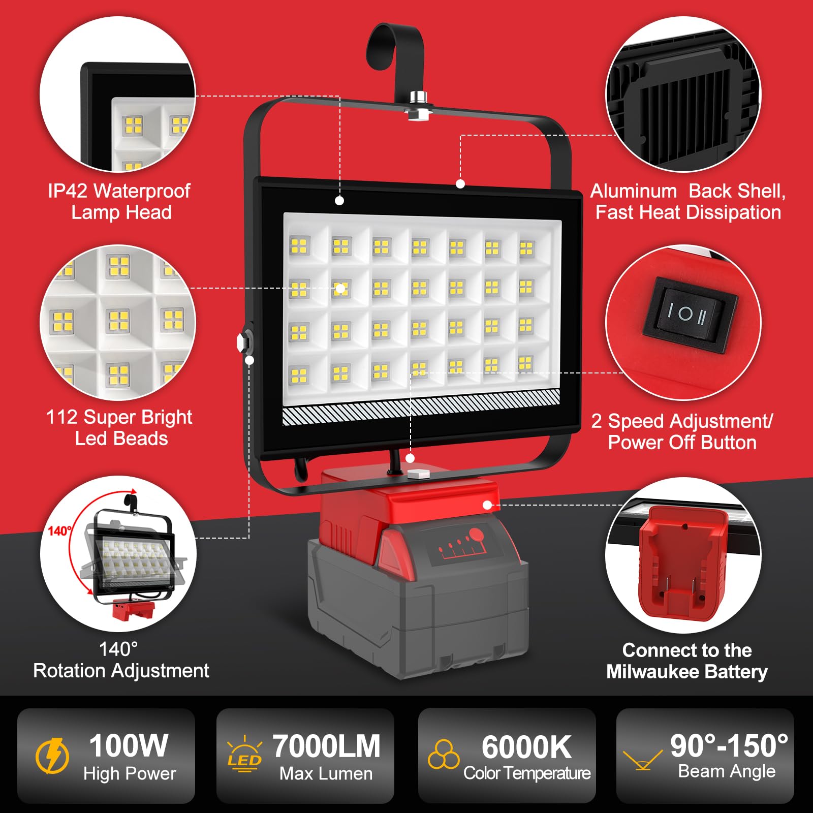 T-SUNiceM Cordless LED Work Light, 100W 7000LM, for Milwaukee 18V Battery, Red, Model TS-F0470-60-MK, USB & Type