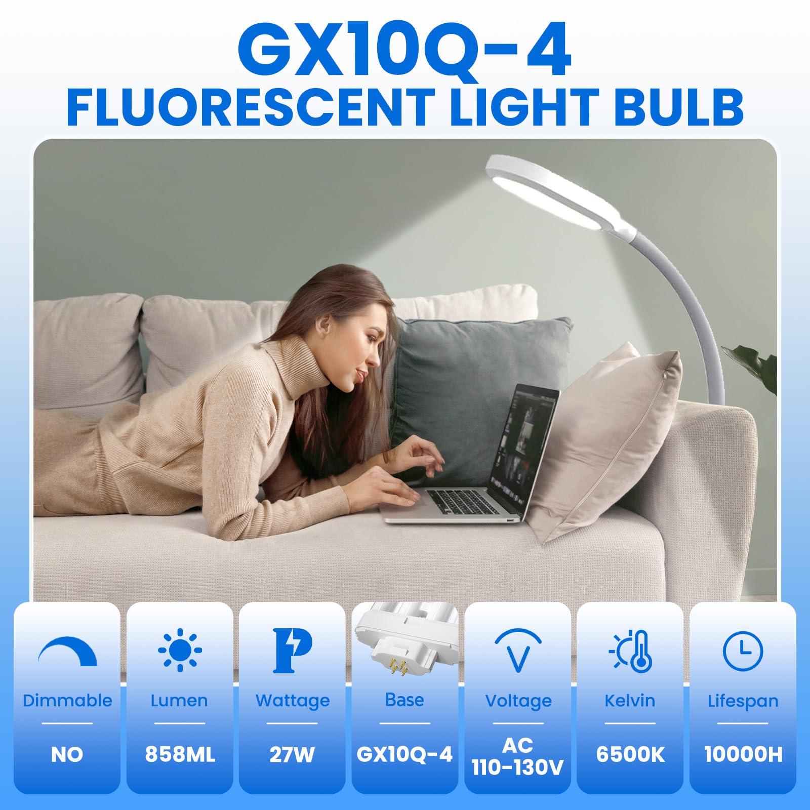 Lustaled 27W Fml27-65K Cfl Bulb, 6500K Daylight, 4-Pin Gx10Q-4 Base Compact Fluorescent Light Bulb, Quad Tubes Replacement Bulb