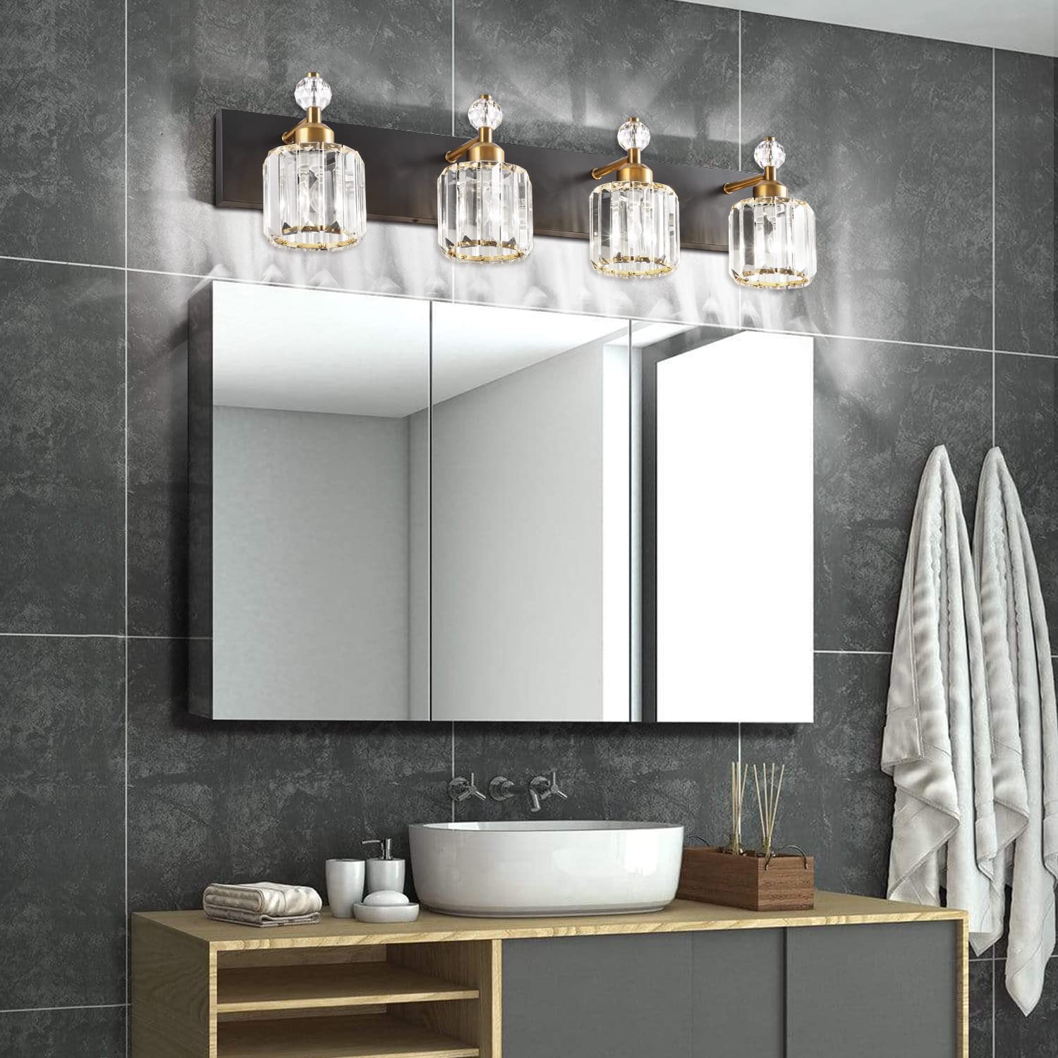 PRESDE Modern Crystal Vanity Light Fixture, 4 Lights, Matte Black and Gold, Bathroom Wall Lighting Over Mirror