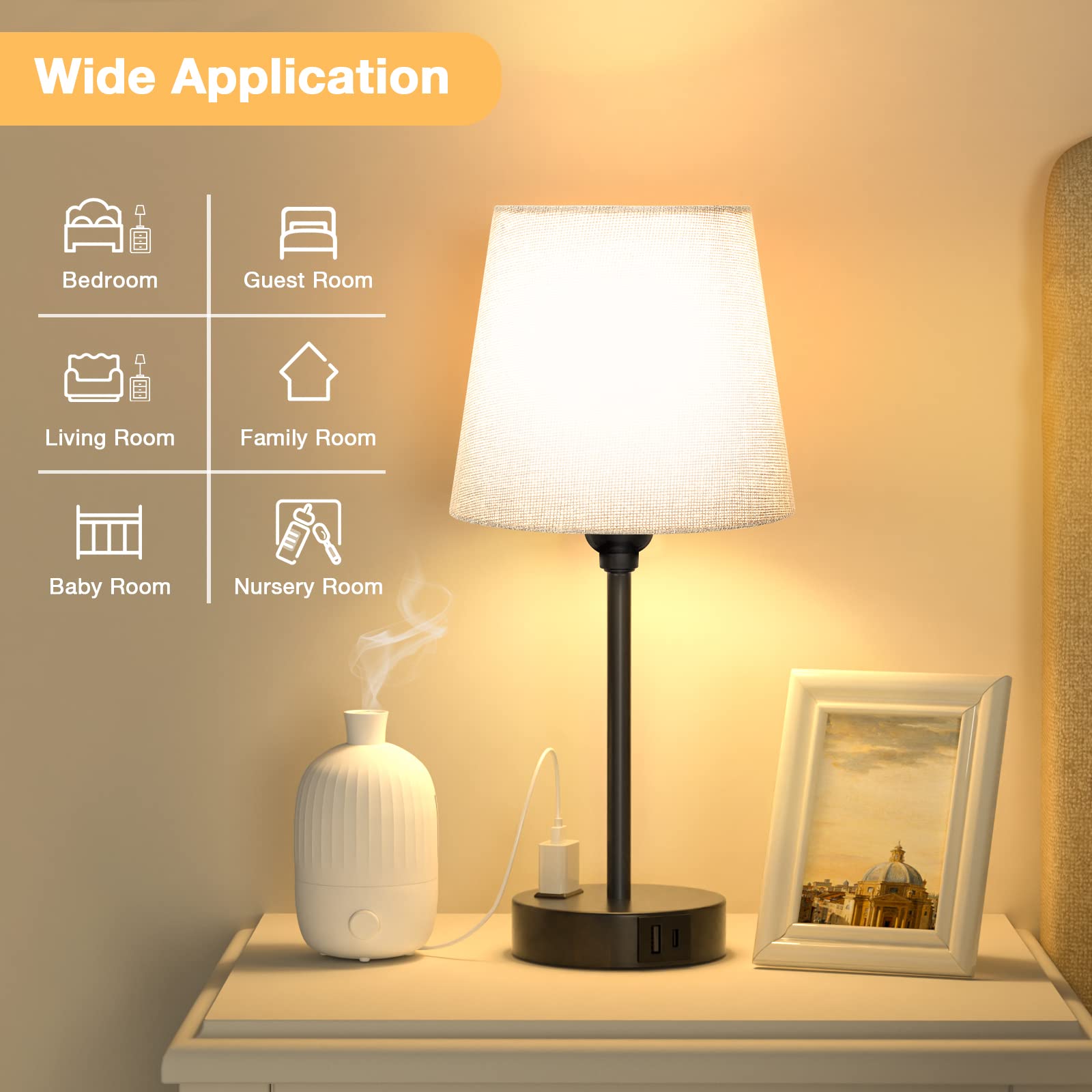 Grey Bedside Lamps For Bedrooms Set Of 2 - Nightstand Bedroom Lamp With Usb C Port And Ac Outlet Charging, 3 Way Dimmable Touch