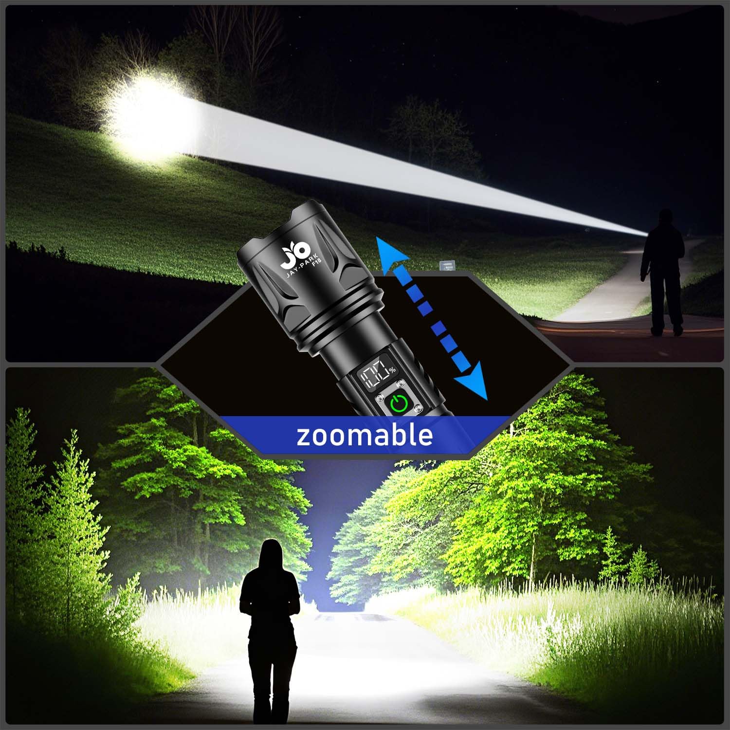 Jay-Park High Lumen Flashlight - 10000 Lumens, Rechargeable 5000Mah With Lcd Display, Zoomable Long Beam (3000M), Ip67 Waterproo