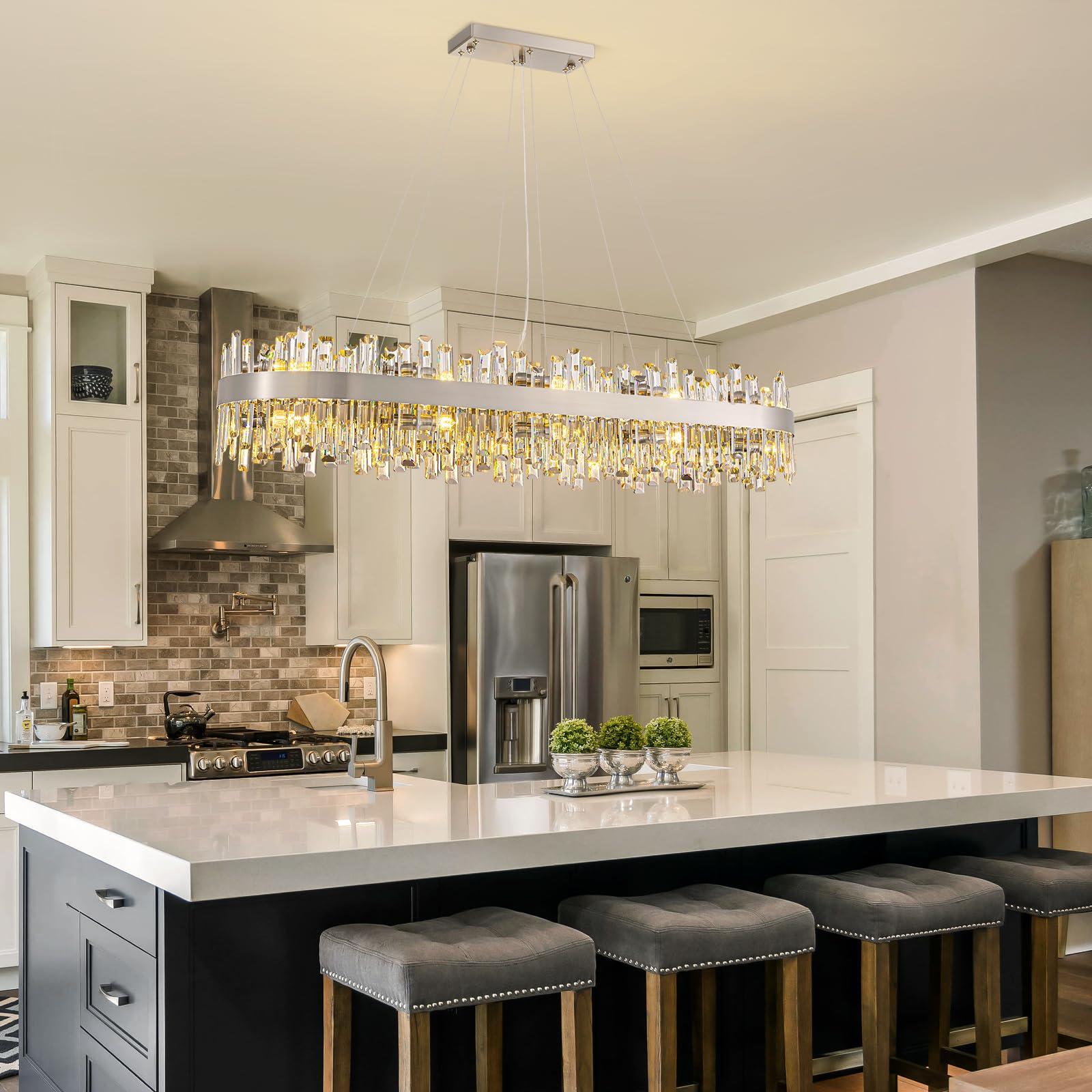 Siljoy 20-Light Modern Crystal Chandelier, Luxury Large Nickel 2-Tiers K9 Crystal Raindrop Ceiling Light, Rectangular Flush Moun