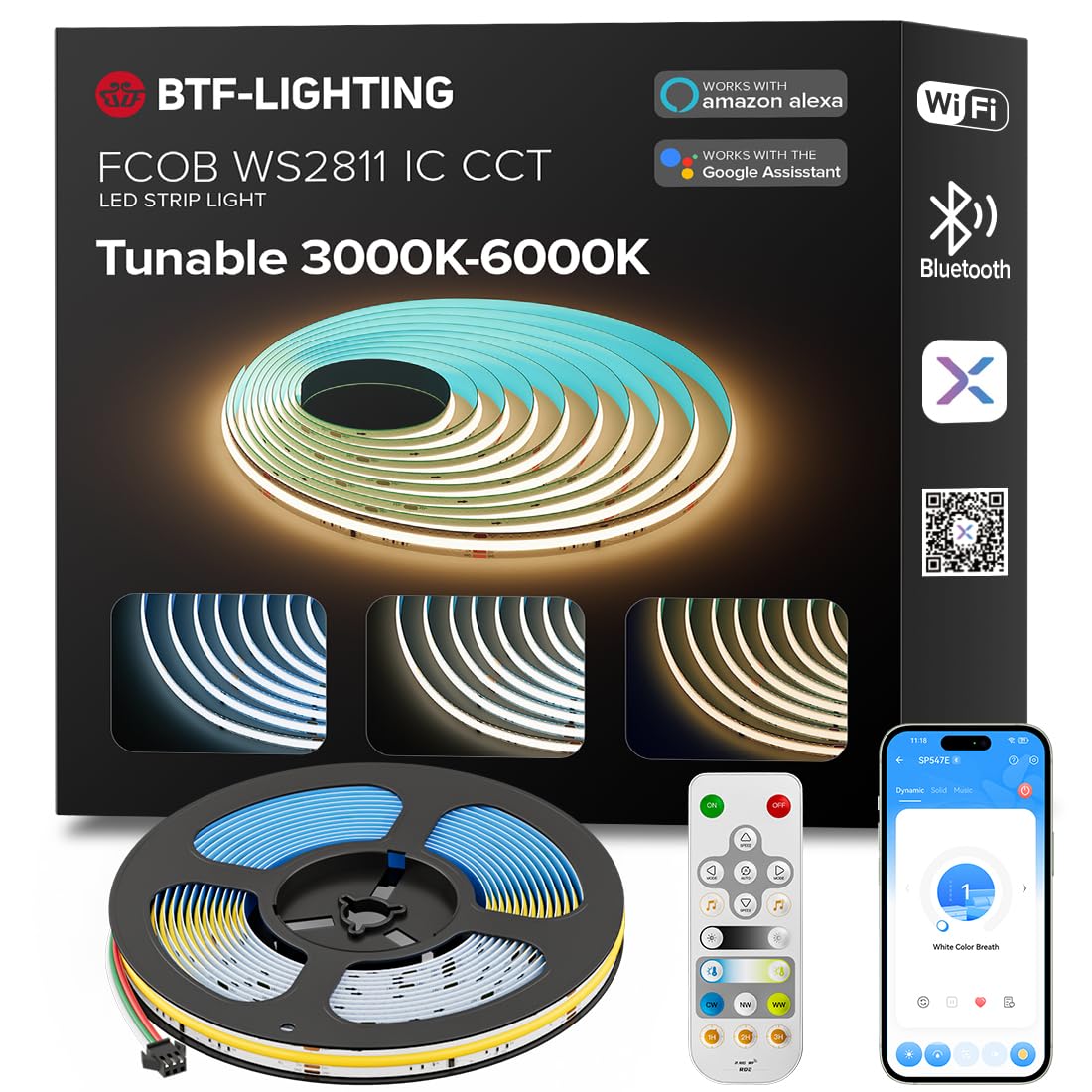 Btf-Lighting Fcob Addressable Cct Ws2811 Ic Cob Led Strip Kit Chasing White Light 16.4Ft Tunable 3000K-6000K Cri 90+ Bluetooth Wifi Controller Support Alexa/Google Home For Indoor Lighting Projects