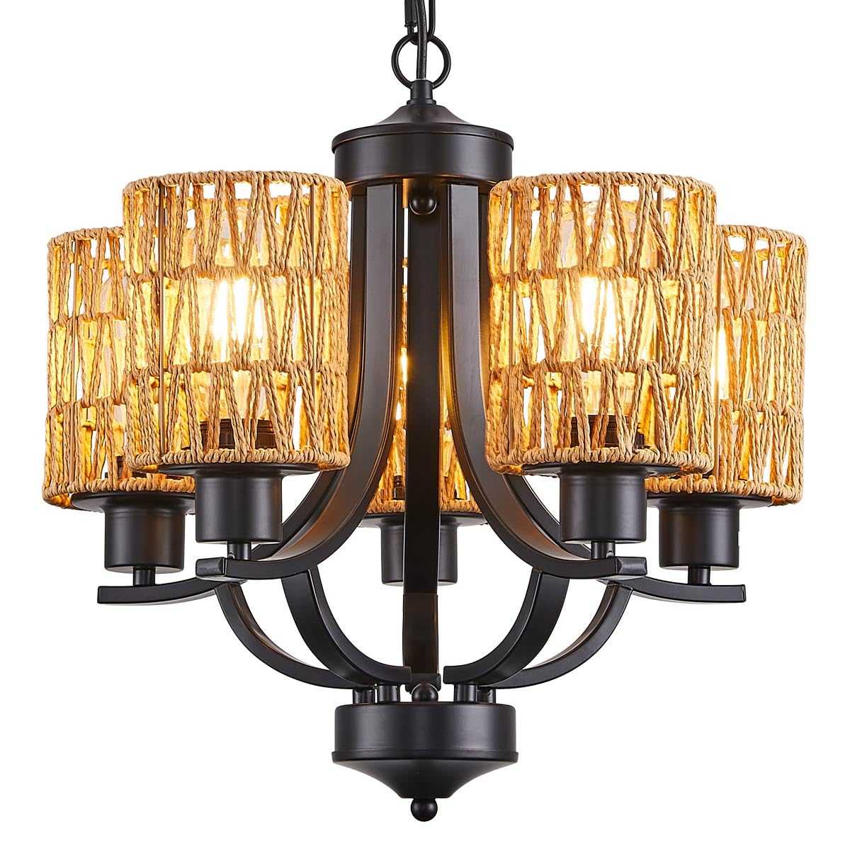 TELAFLY 5-Light Dining Room Chandelier,Modern Small Rattan Chandeliers Black Rustic Metal Farmhouse High Ceiling Pendant Light F