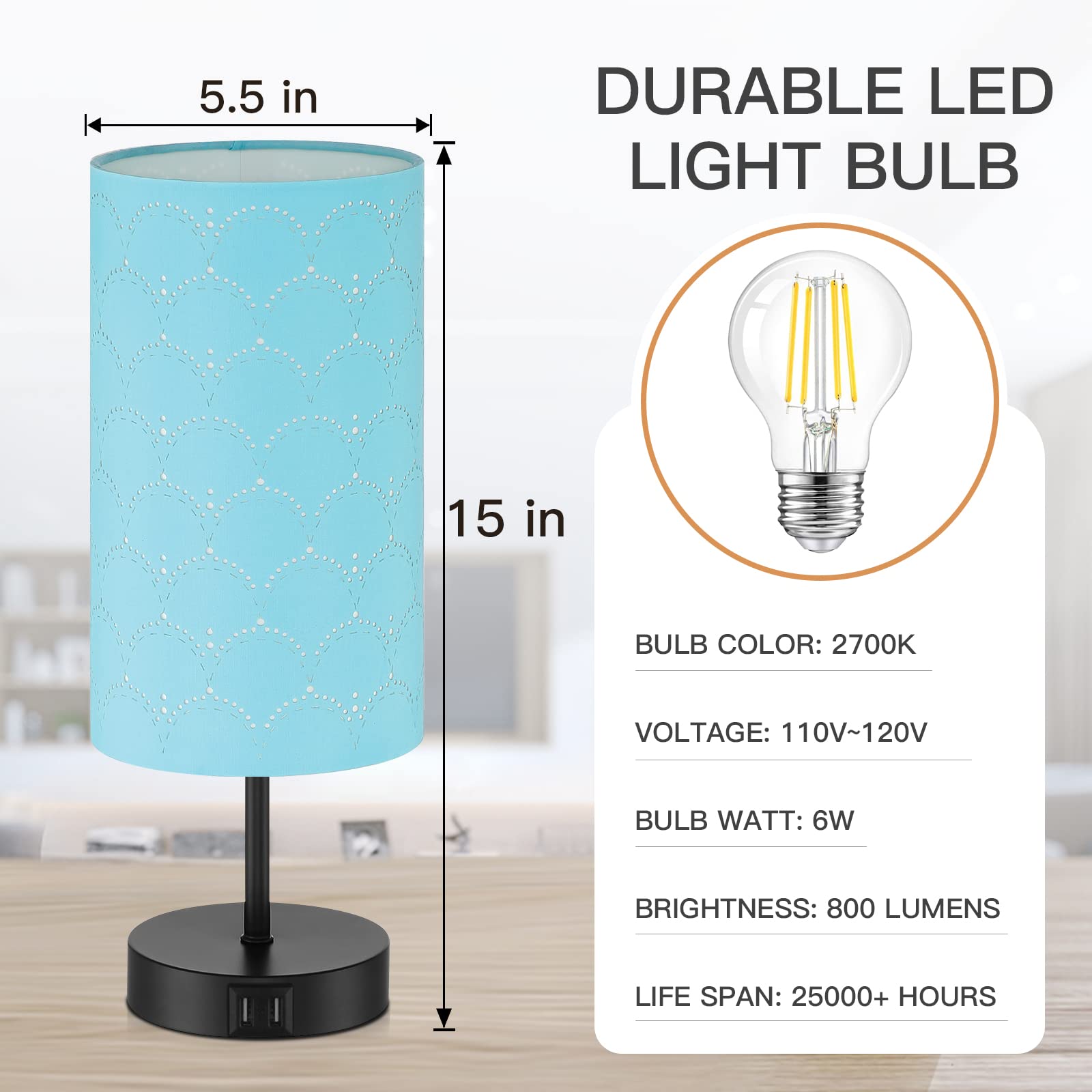 CINSARY Touch Control Bedside Lamp, 3-Way Dimmable, Blue Fabric Shade, 2 USB Ports, E26 LED Bulb Included