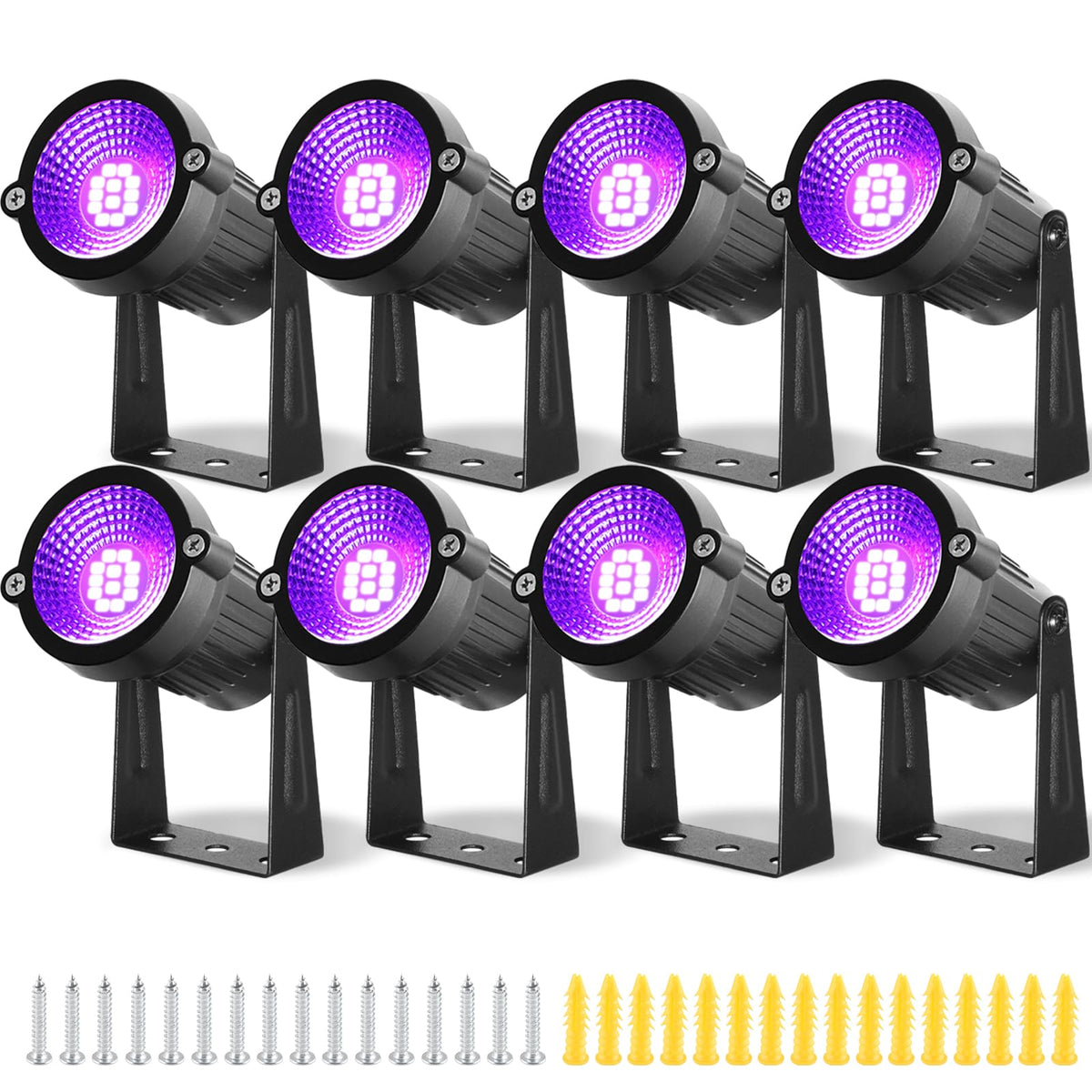8 Pack Black Lights, IP66 Flood Light 15W LED Blacklight Glow Party Outdoor Spotlight with On/Off Switch + Plug + Metal Stakes f