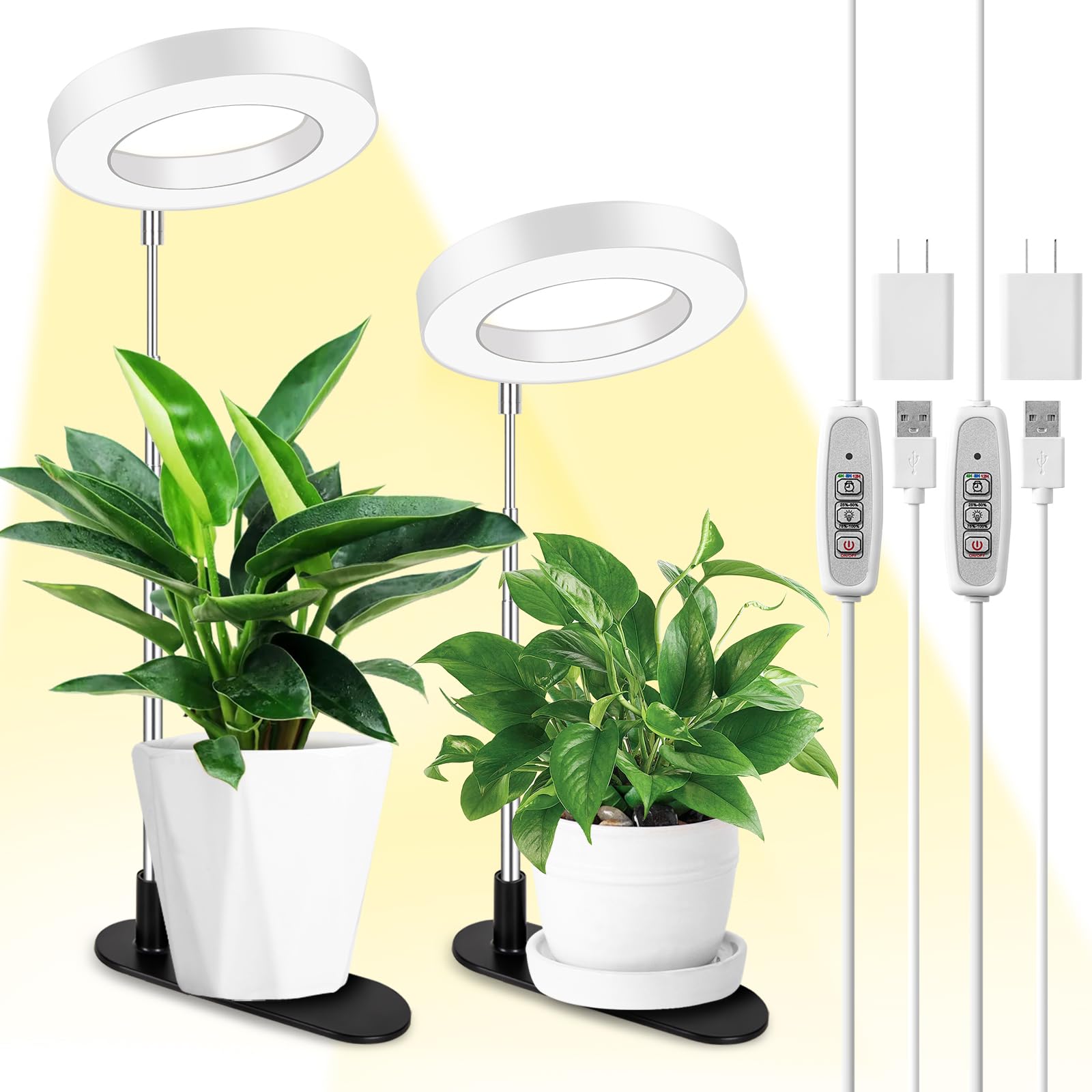 Lordem Plant Grow Light, Full Spectrum Halo Desk Plant Light, Height Adjustable 7.8&quot;-26&quot;, Led Growing Lamp, Automatic Timer 4H/8H/12H, 4 Level Dimmable, Ideal For Indoor Plants,White, 2 Pack