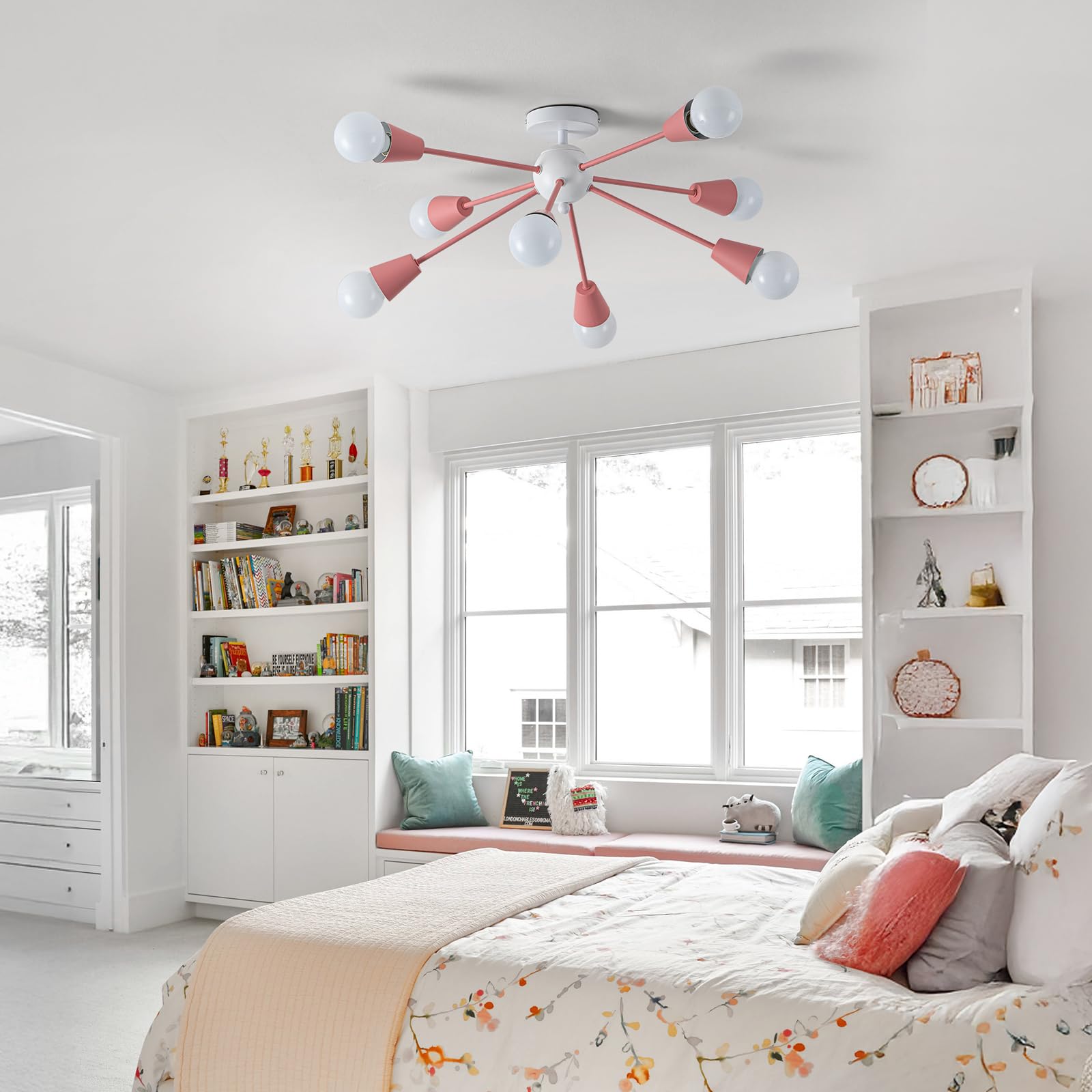 Ymlii Pink Sputnik Chandelier Ceiling Light Fixture, 8-Lights Modern Sputnik Lights Fixture With E26 Base, Semi Flush Mount Ceil