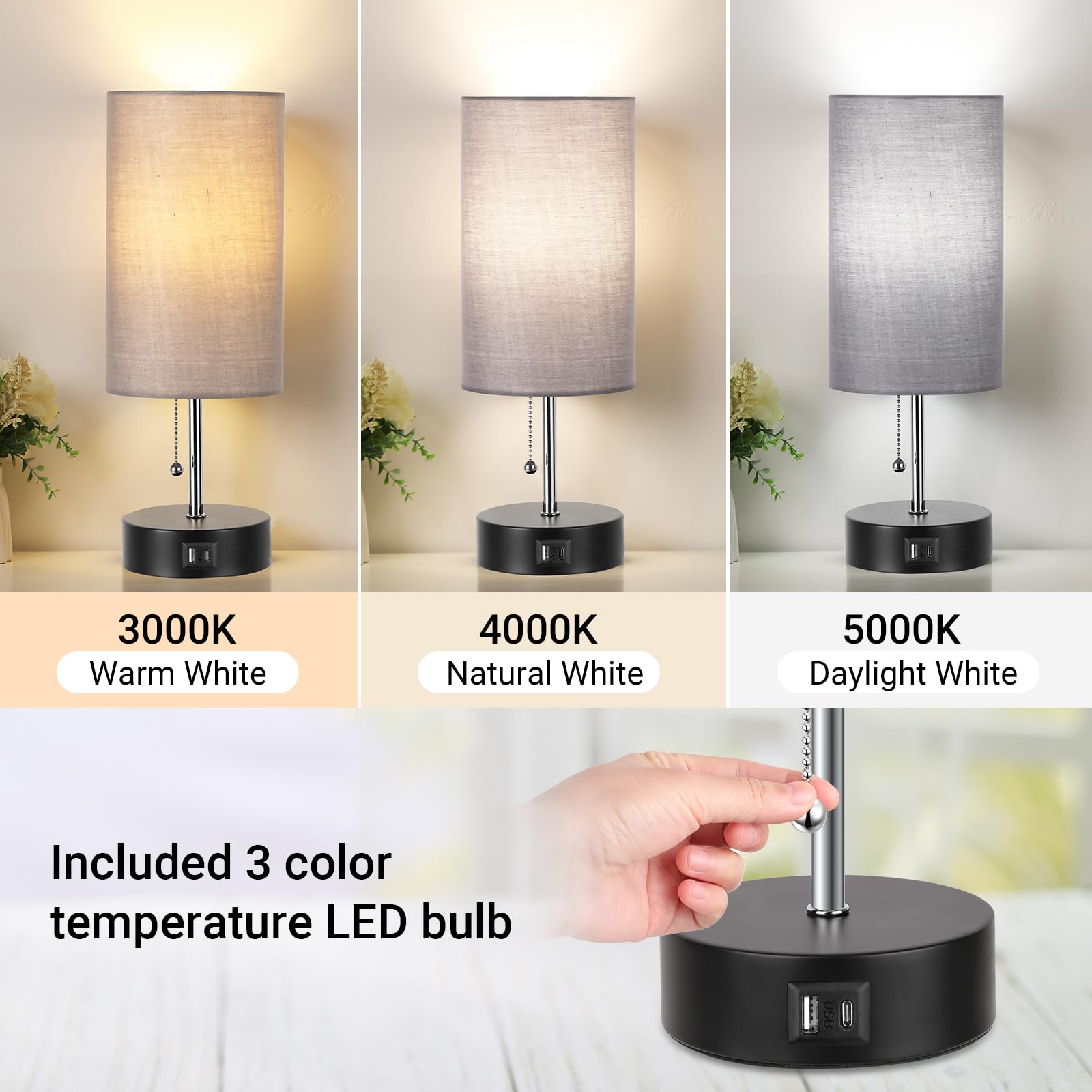 Rottogoon Bedside Lamp With Usb Ports, 3-Color Temperature, Metal, Smoke Gray, Led Bulb