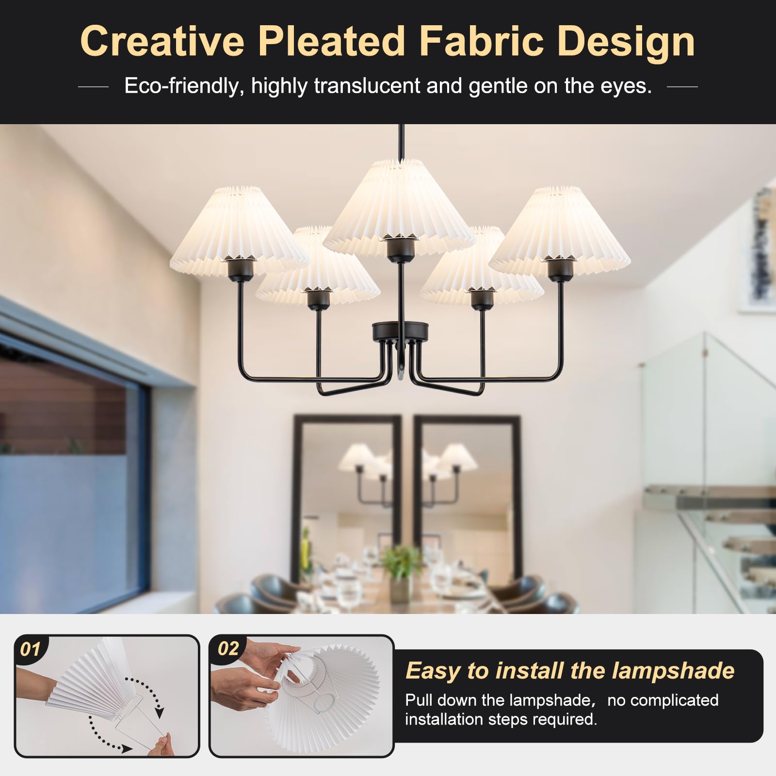 Fiyueoyi 5-Light Black Chandeliers, Modern Chandelier With White Pleated Fabric Shades, Dining Room Light Fixtures For Living Ro
