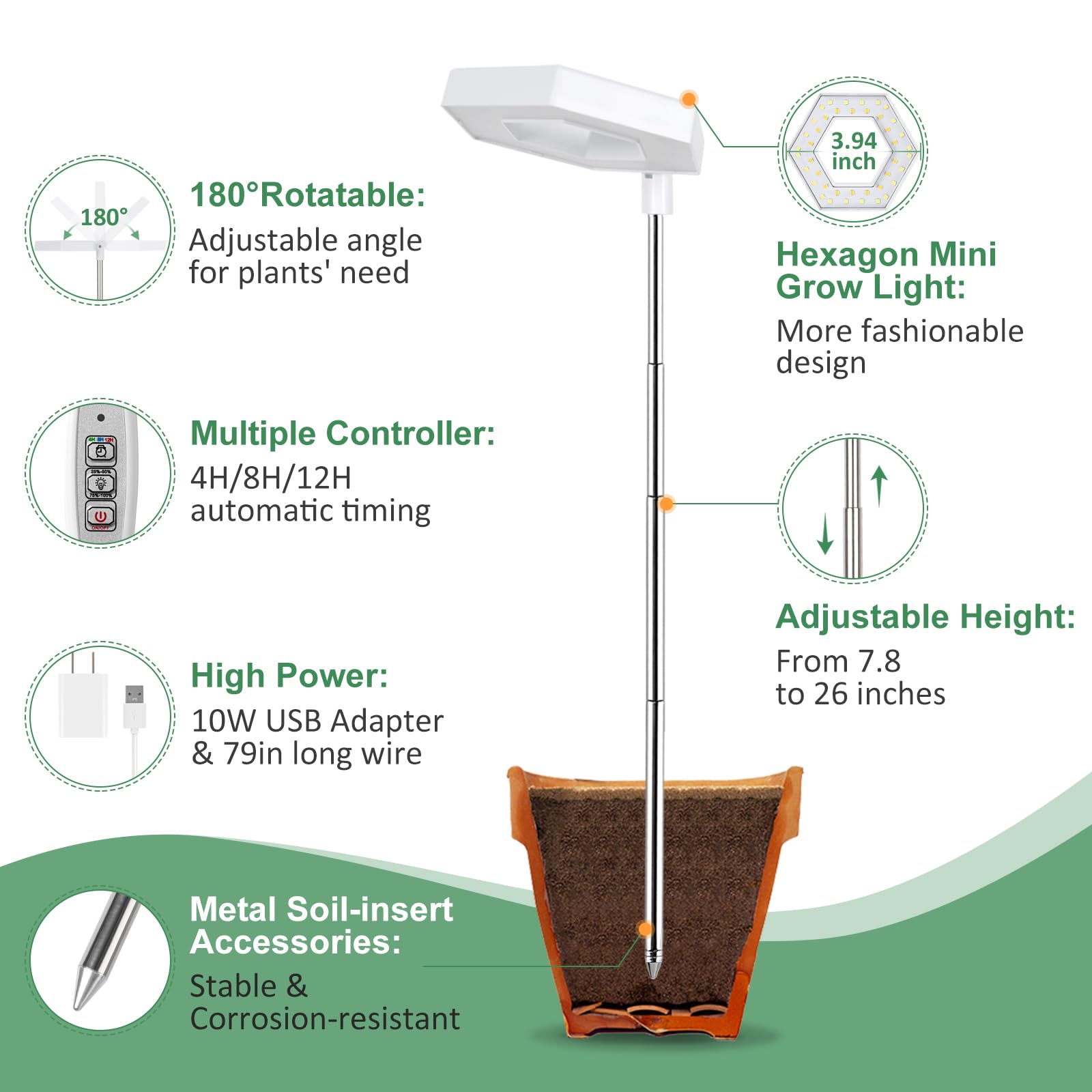Foxgarden® Grow Light, Full Spectrum Led Plant Light For Indoor Plants, Growing Lamp With Auto On/Off Timer 4/8/12H, 4 Dimmable Brightness, Height Adjustable, Ideal For Small Plants, 2 Packs