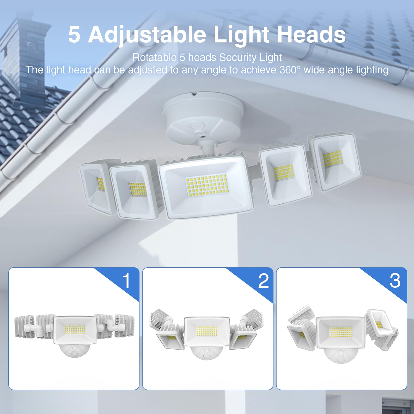 120W Outdoor Led Flood Light, 5 Heads Exterior Security Lights With 360 Lighting Angle, 6500K Super Bright Floodlight Fixture Wa