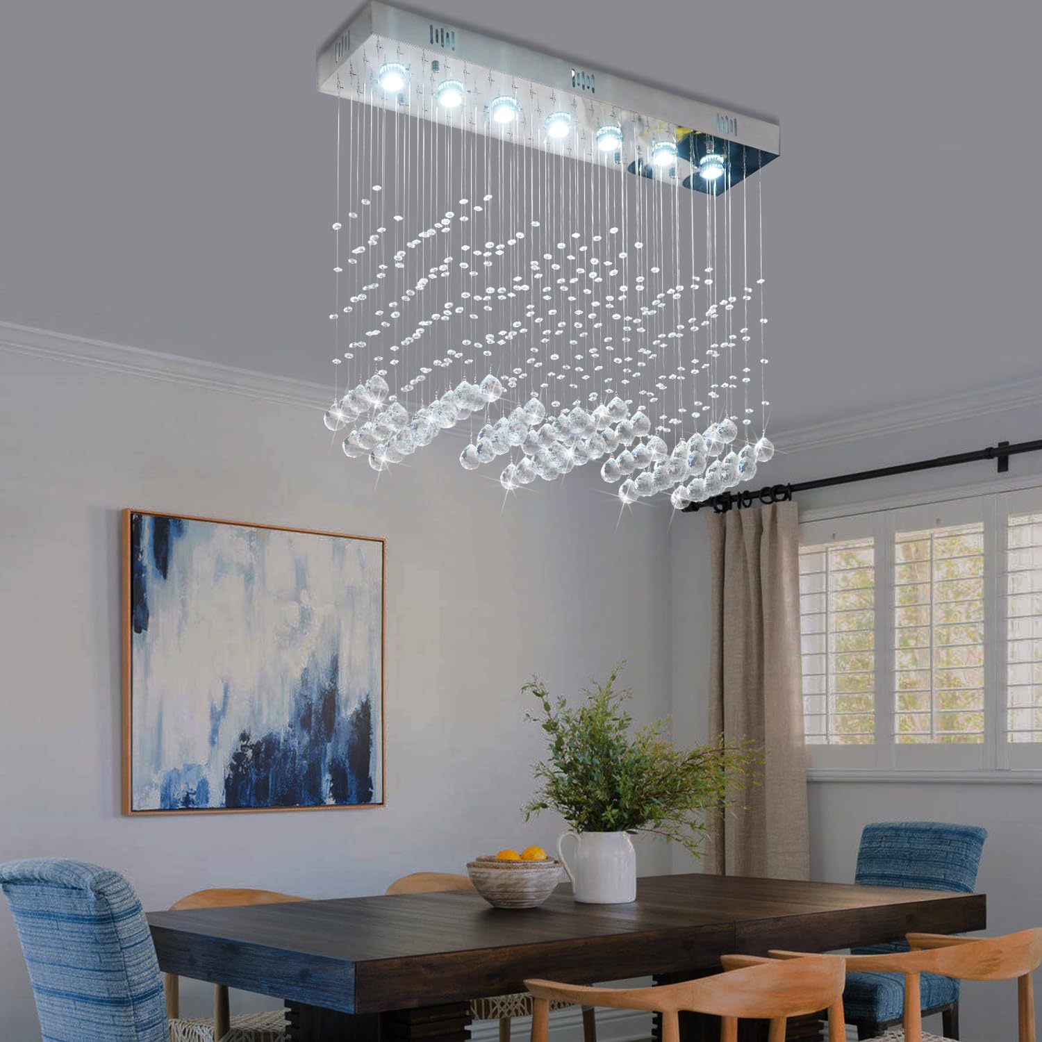 Crystop Contemporary Rectangular Chandelier, 7-Light Raindrop Pendant, 23.6X9.8X27.6, Silver, Crystal Ceiling Light For Dining Room/Kitchen