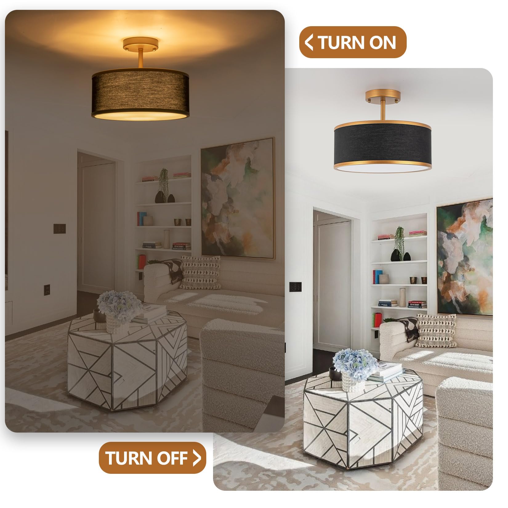 Bargeni Semi Flush Mount Ceiling Light,12.5 Inch Ceiling Light Fixture,Gold Flush Mount Light Fixture With Black Fabric Drum Sha