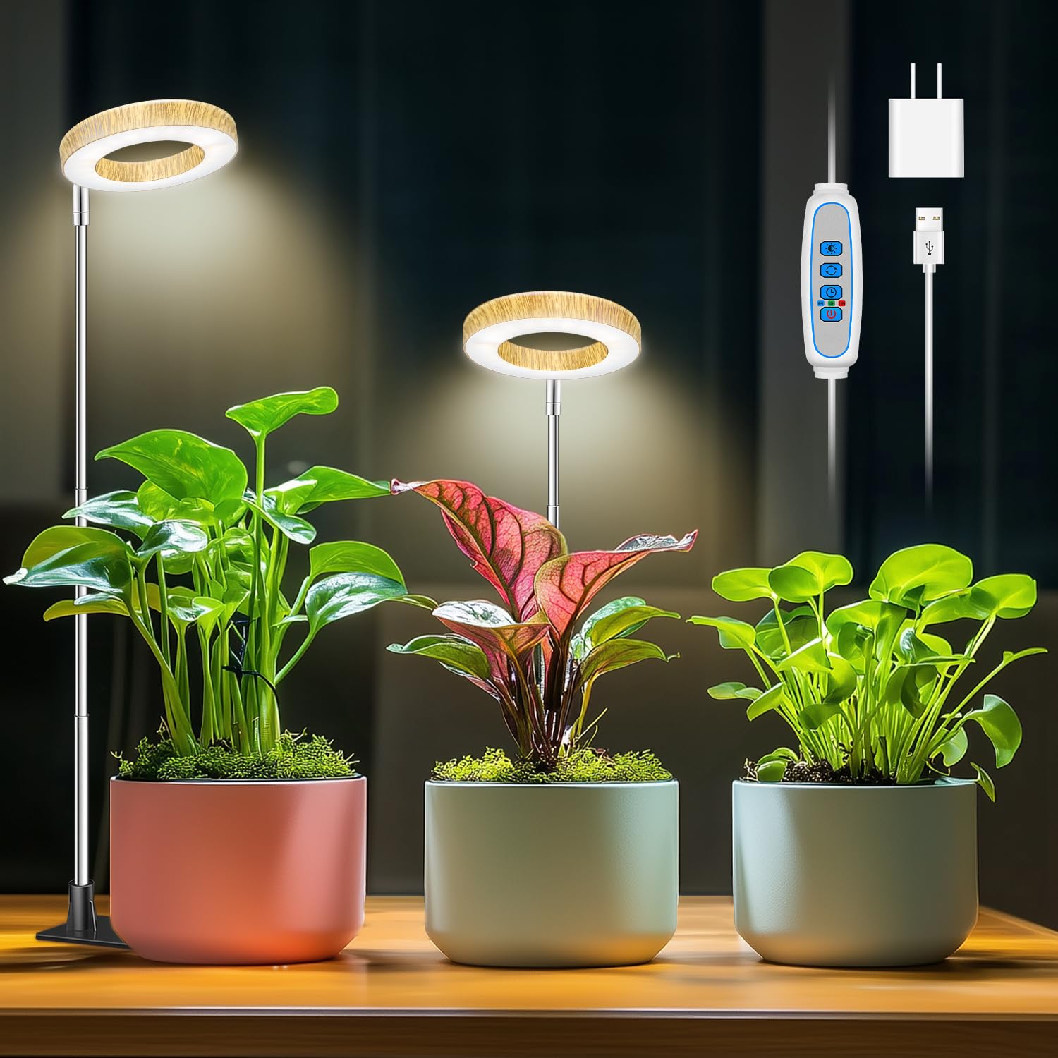 Aokrean Plant Grow Light  48 LEDs Full Spectrum Grow Lights for Indoor Plants  Height Adjustable Faux Wood Grain Small Grow Light with Base  3 Optional Spectrums  Auto Timer 6/12/16Hrs  5 Brightness