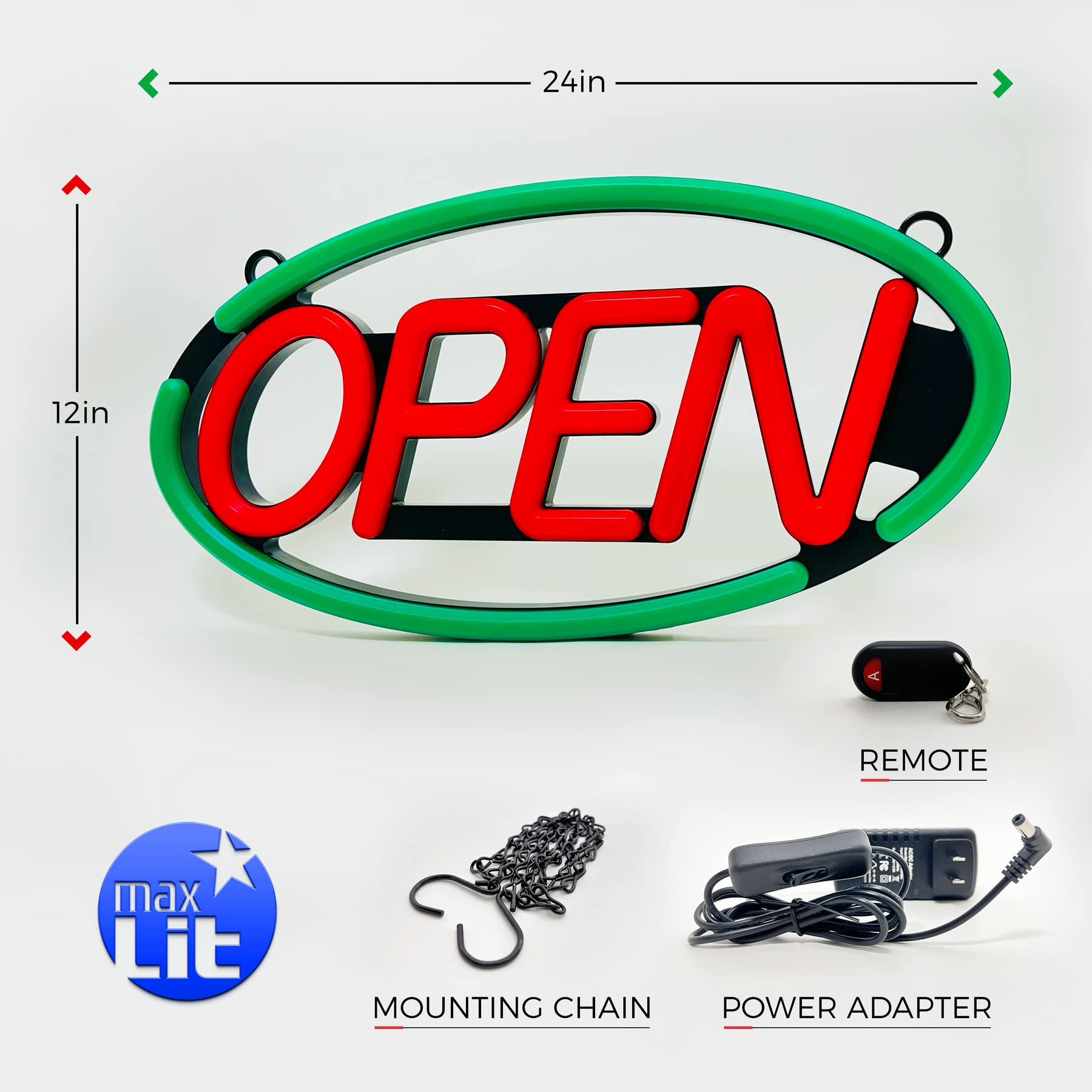 MaxLit- Oval Shaped LED Tube Neon Open Sign -Large Size -24 X 12 (Green/Red)