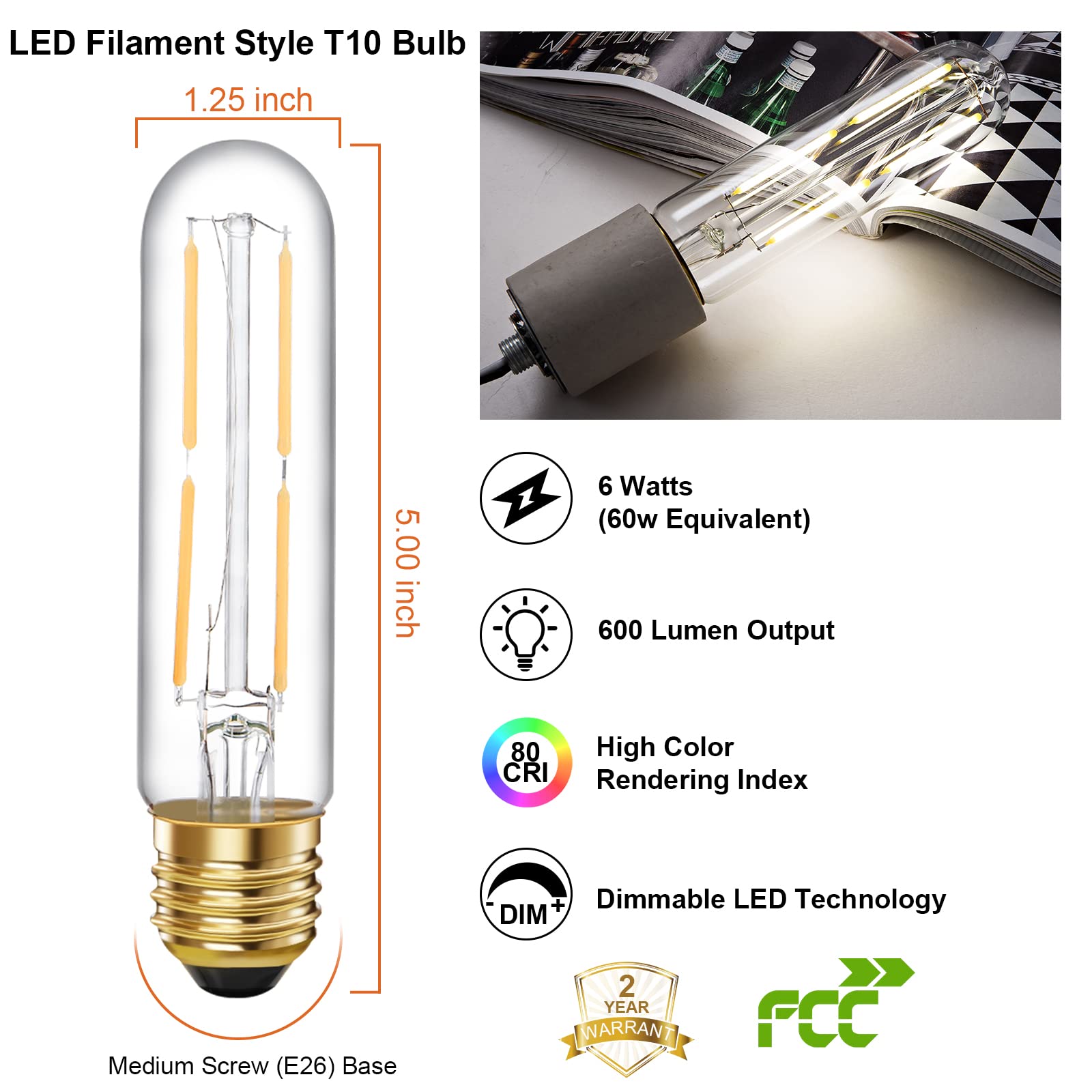 Tianshq 6 Pcs E26 T10 Led Tubular Light Bulbs, Daylight White Edison Bulb 4000K 4W Dimmable T10 Led Bulb For Pendant Lights, Lam