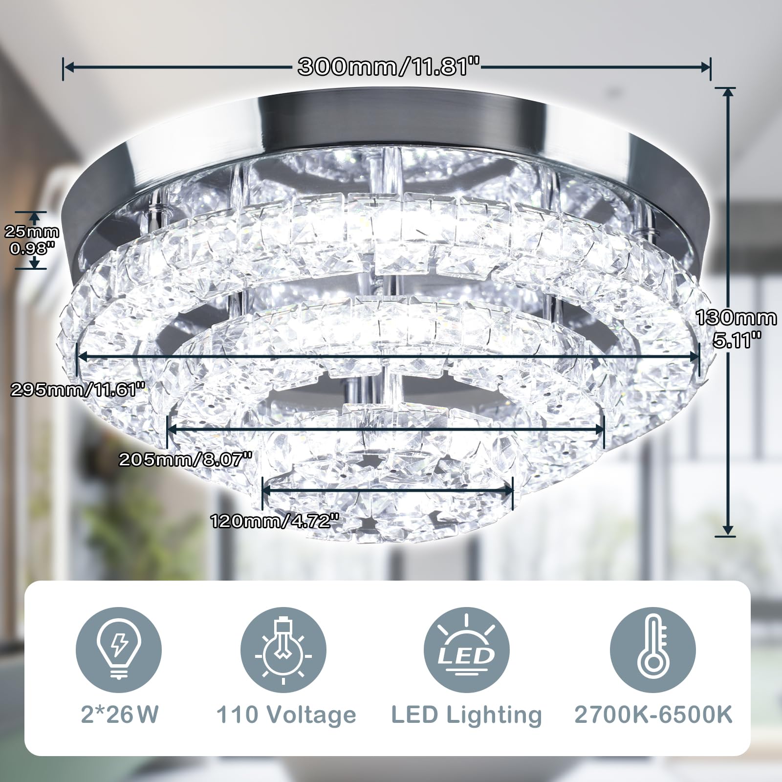 Cainjiazh Crystal Chandelier LED Flush Mount Light Fixture, 11.8in, Stainless Steel, Dimmable with Remote Control, Modern Three-Tier Design