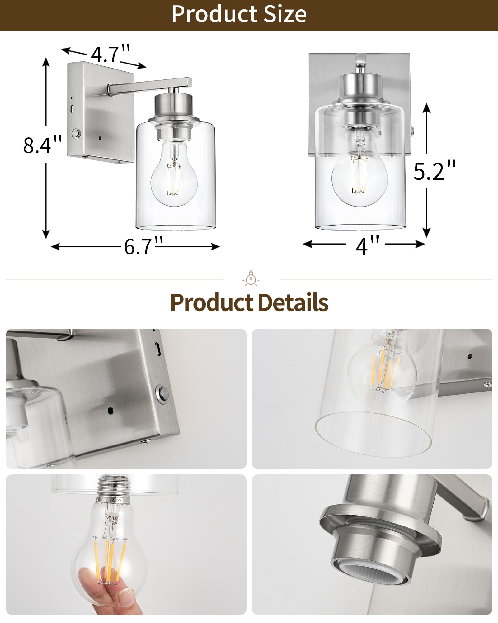 Rayogale Battery Operated Wall Sconce Set of 2, Dimmable Touch Control, Rechargeable, Nickel, Model WL-7112