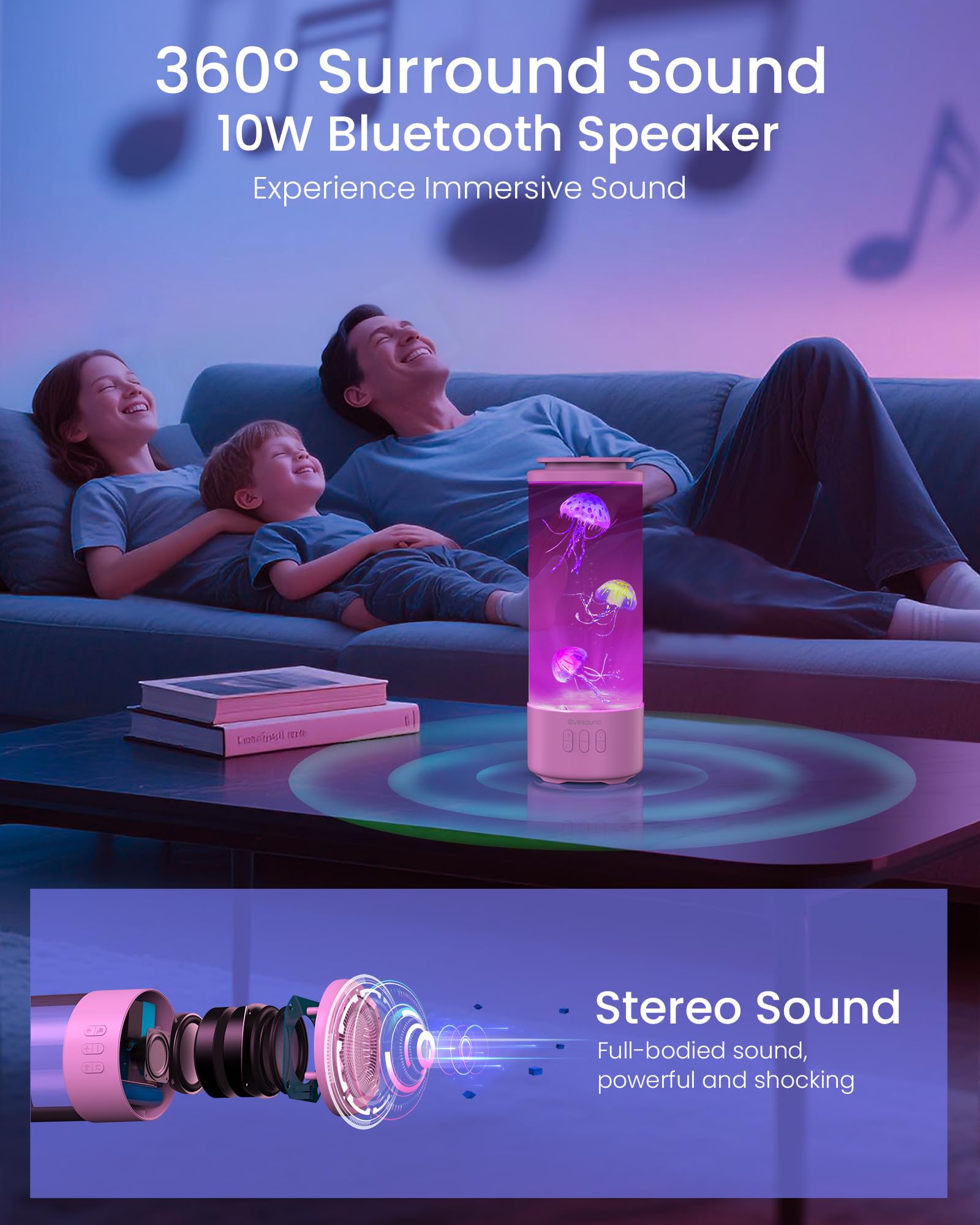 Eyesound Jellyfish Lamp Bluetooth Speaker With White Noise - 7 Color Changing Jelly Fish Tank Aquarium Light, 4 Lighting Modes F