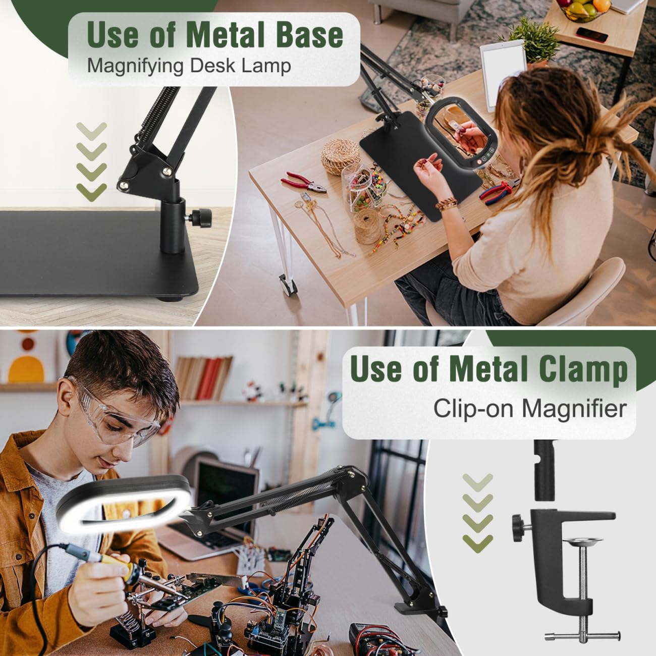 Veemagni 10X Magnifying Glass with Light, 5 Color Modes, Metal, Black, Model FX602, Hands-Free Desk Lamp & Clamp