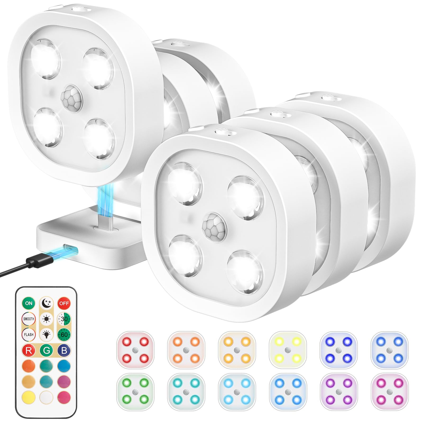 Lightbiz 6PCS Motion Sensor Puck Lights, Wireless Rechargeable, RGB Colors, Under Cabinet, 6 Pack with Stand