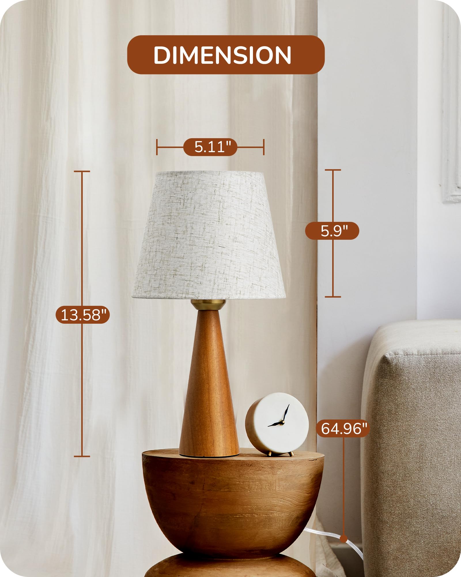 Edishine 13.58'' Small Table Lamp, Wooden Bedside Lamp With Beige Linen Lampshade, Space-Saving Nightstand Lamp For Nursery Kids