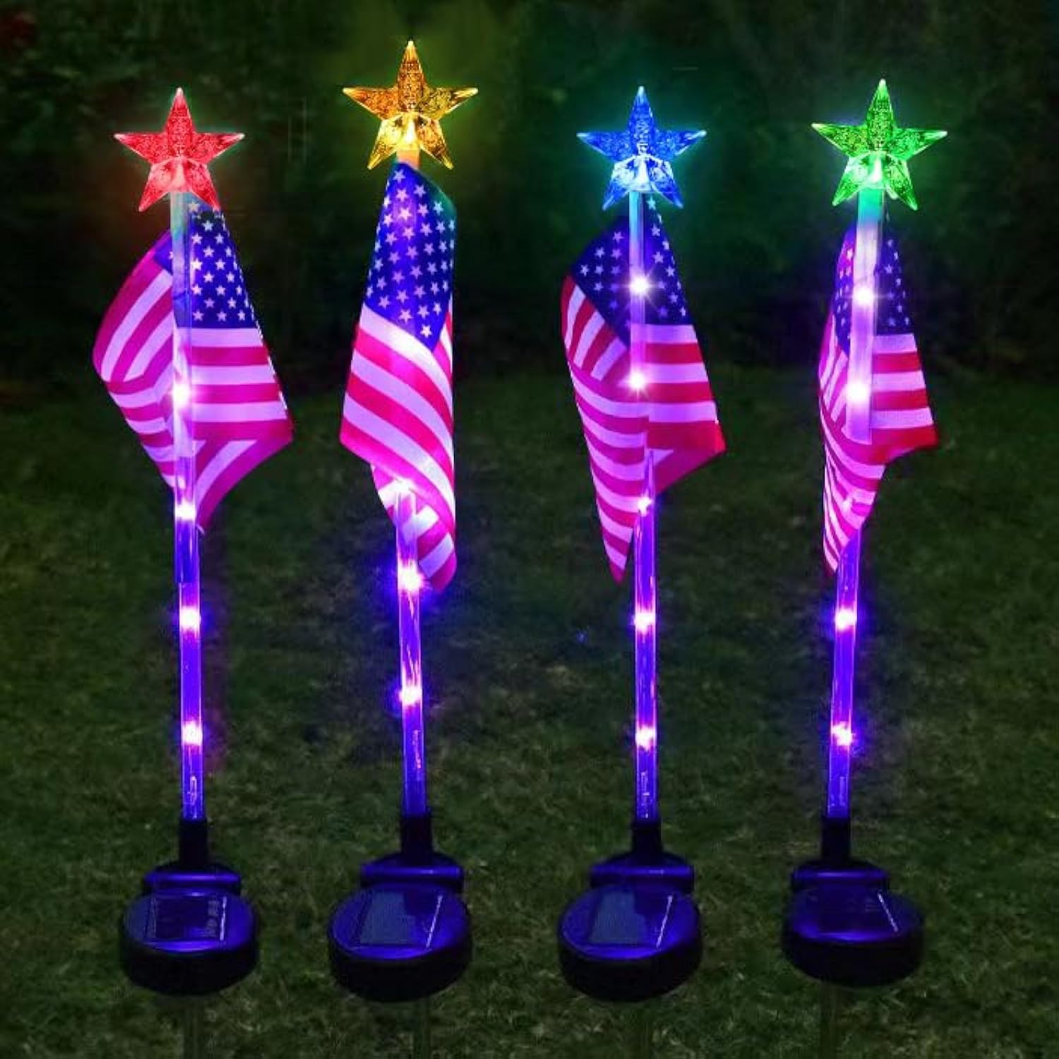 US Flag Solar Garden Lights, 4 Pack 24 LED 7 Color Changing American Flag Landscape Light, 4th of July Outdoor Decor Star Solar 