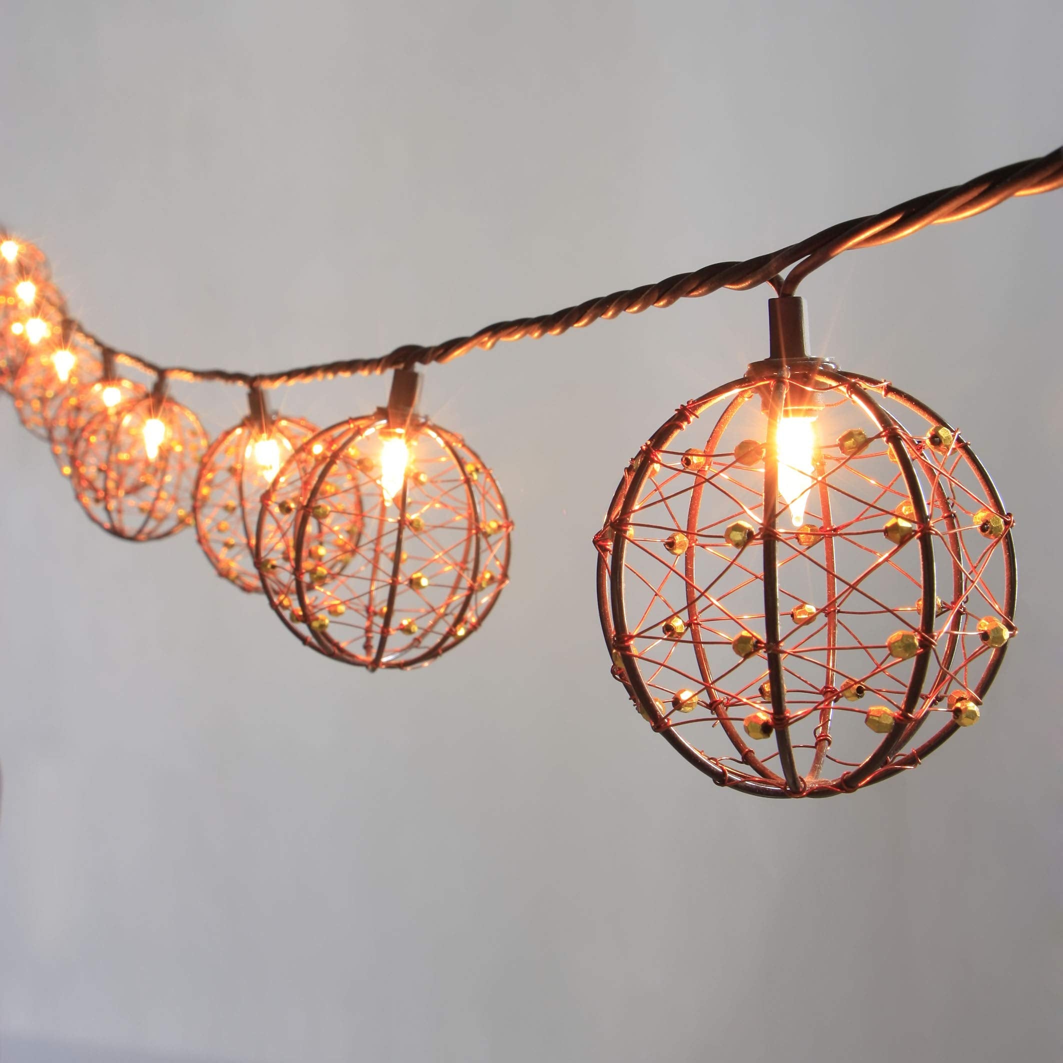 ZHONGXIN Outdoor Patio String Lights, 10 Mini Bulbs with Beaded Copper Wire Ball Style, UL Listed Connectable Weather-Resistant